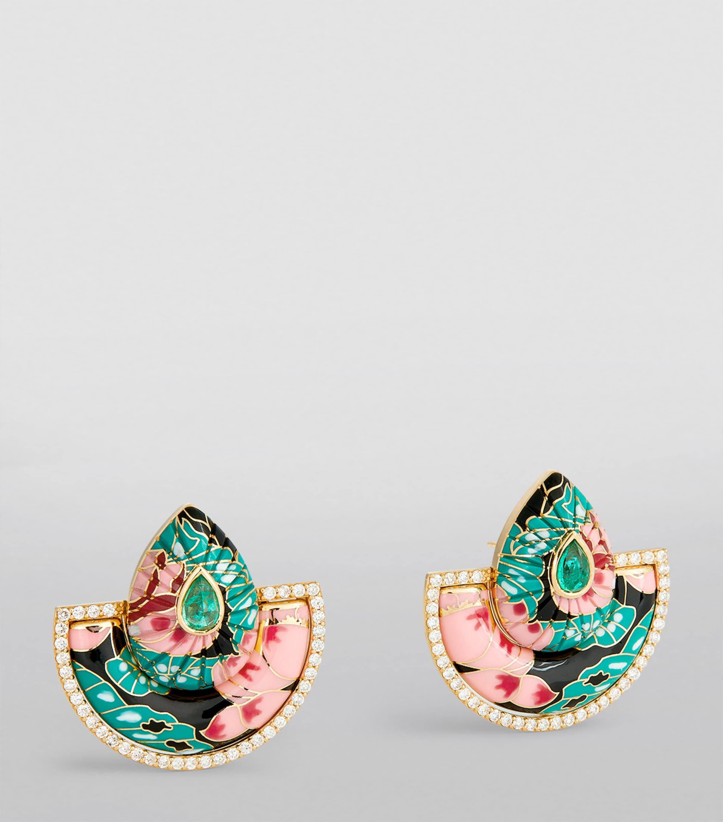 Yellow Gold and Diamond Chinoiserie Bond Fan Earrings GREEN PINK Image 2