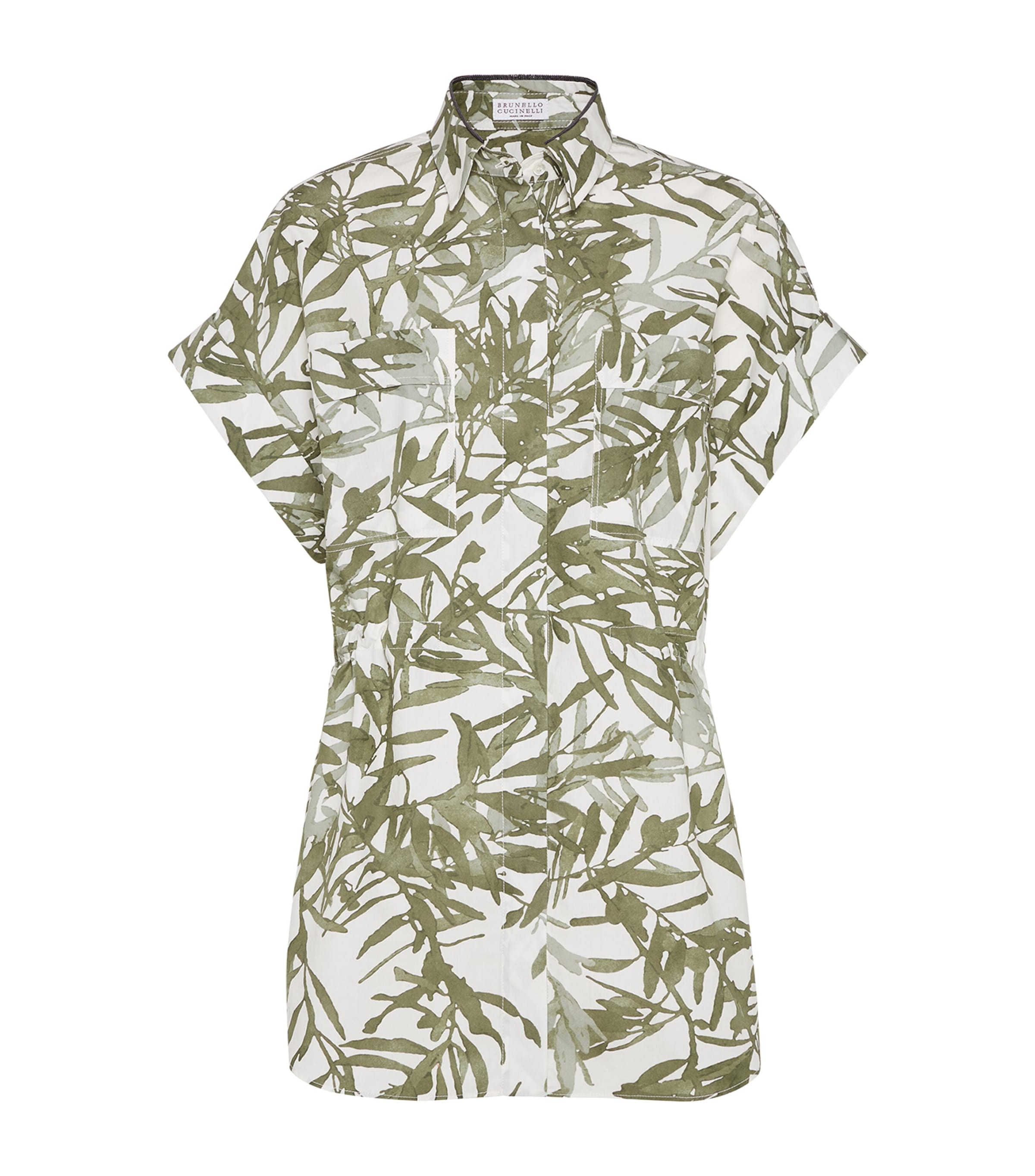 Brunello Cucinelli Leaf Print Long Shirt In White