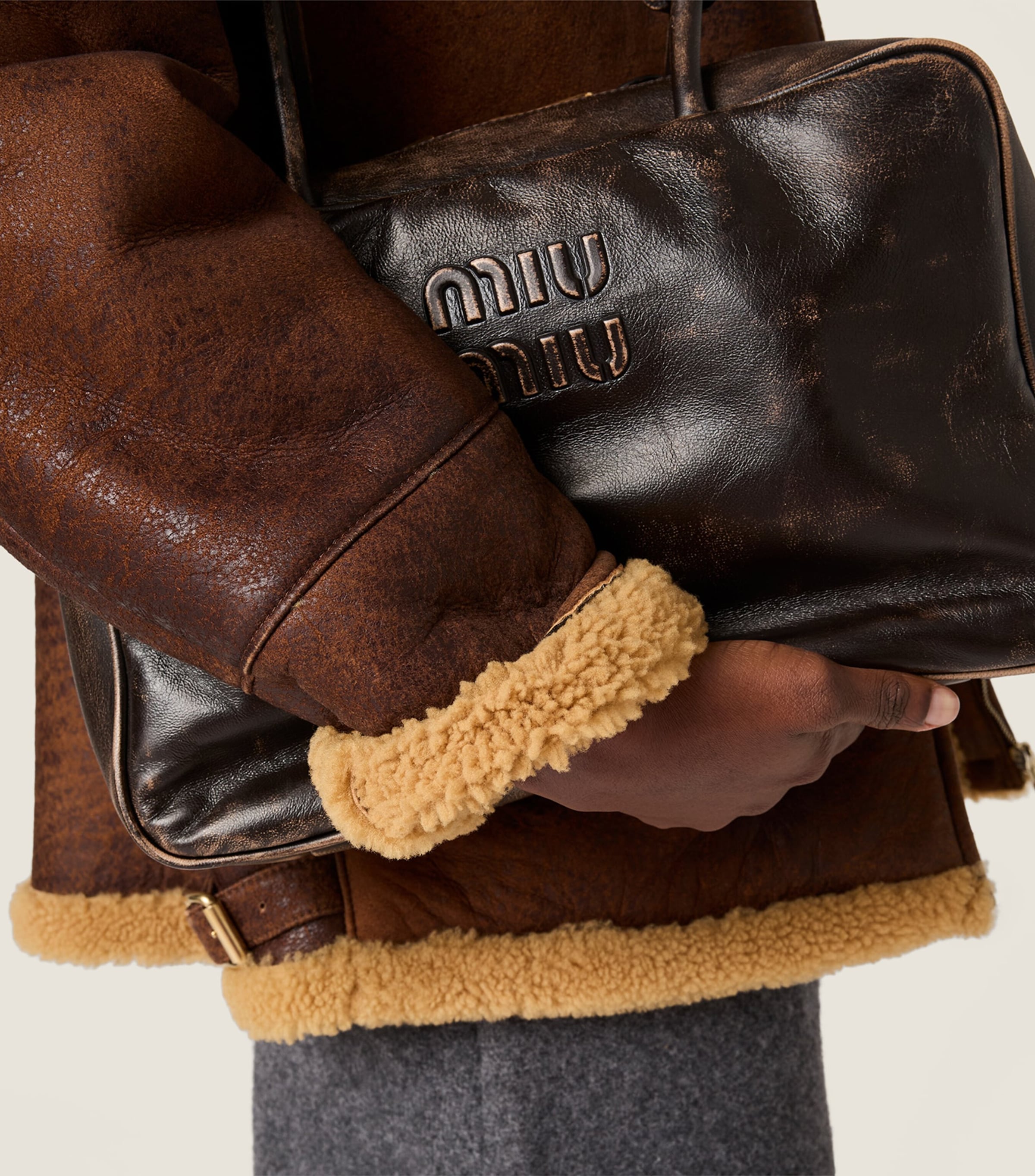 Waxed Leather Shearling-Trim Jacket F0003 Image 4