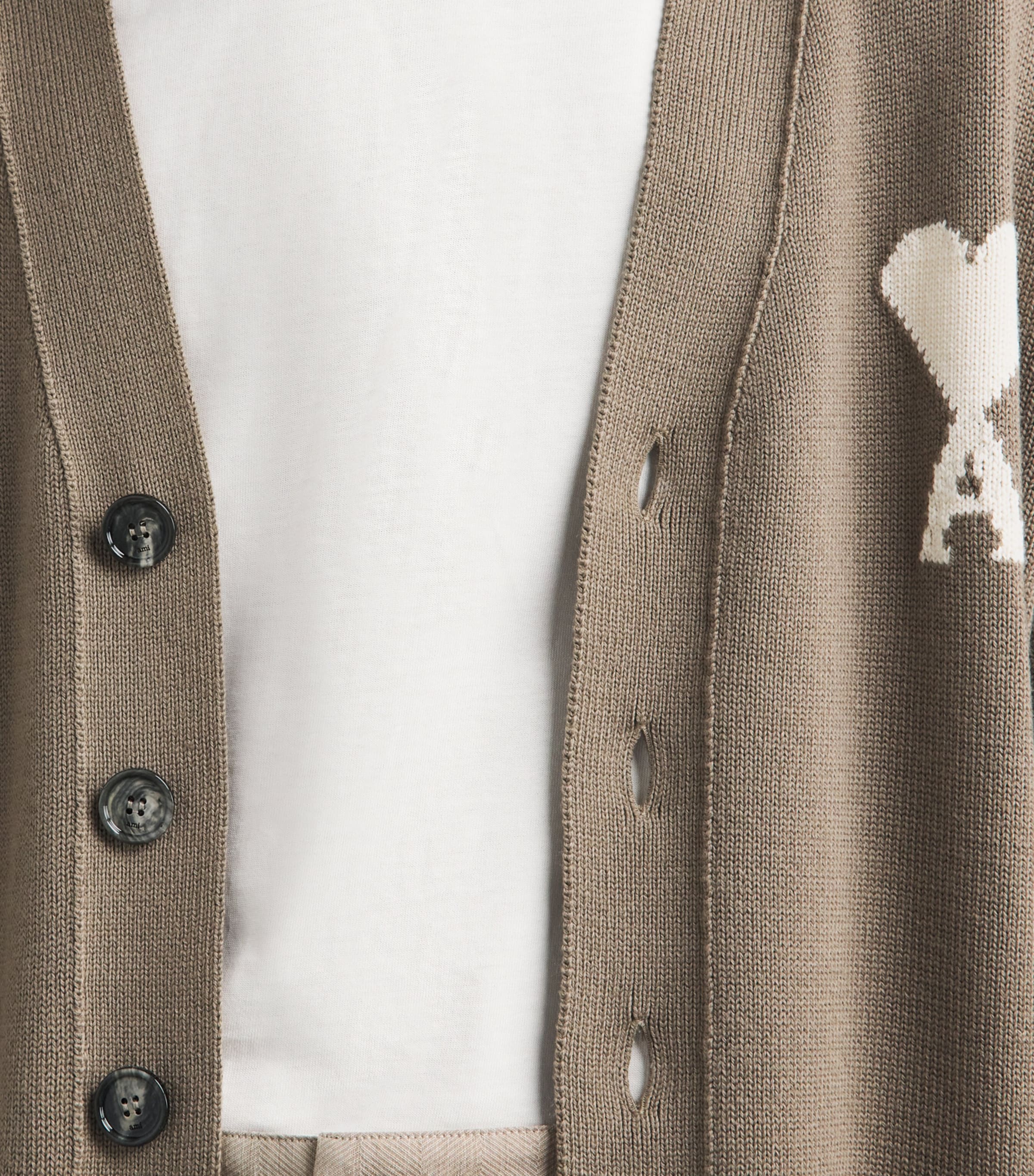 AMI Paris Mens Virgin Wool Ami de Coeur Cardigan Bge Taupe/ecru Image 3