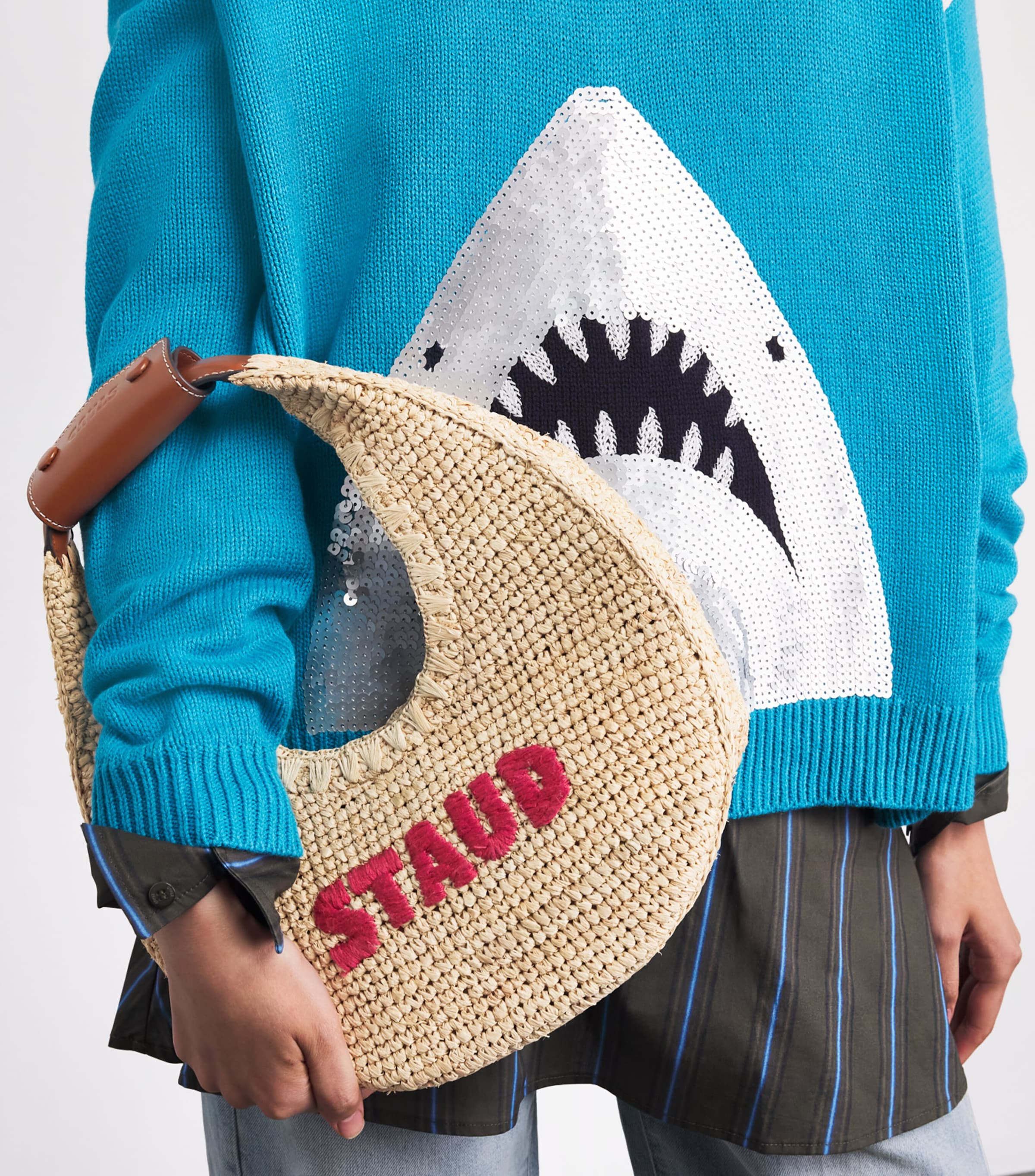 STAUD Raffia Woven Shark Moon Shoulder Bag Grwt Great White Image 4