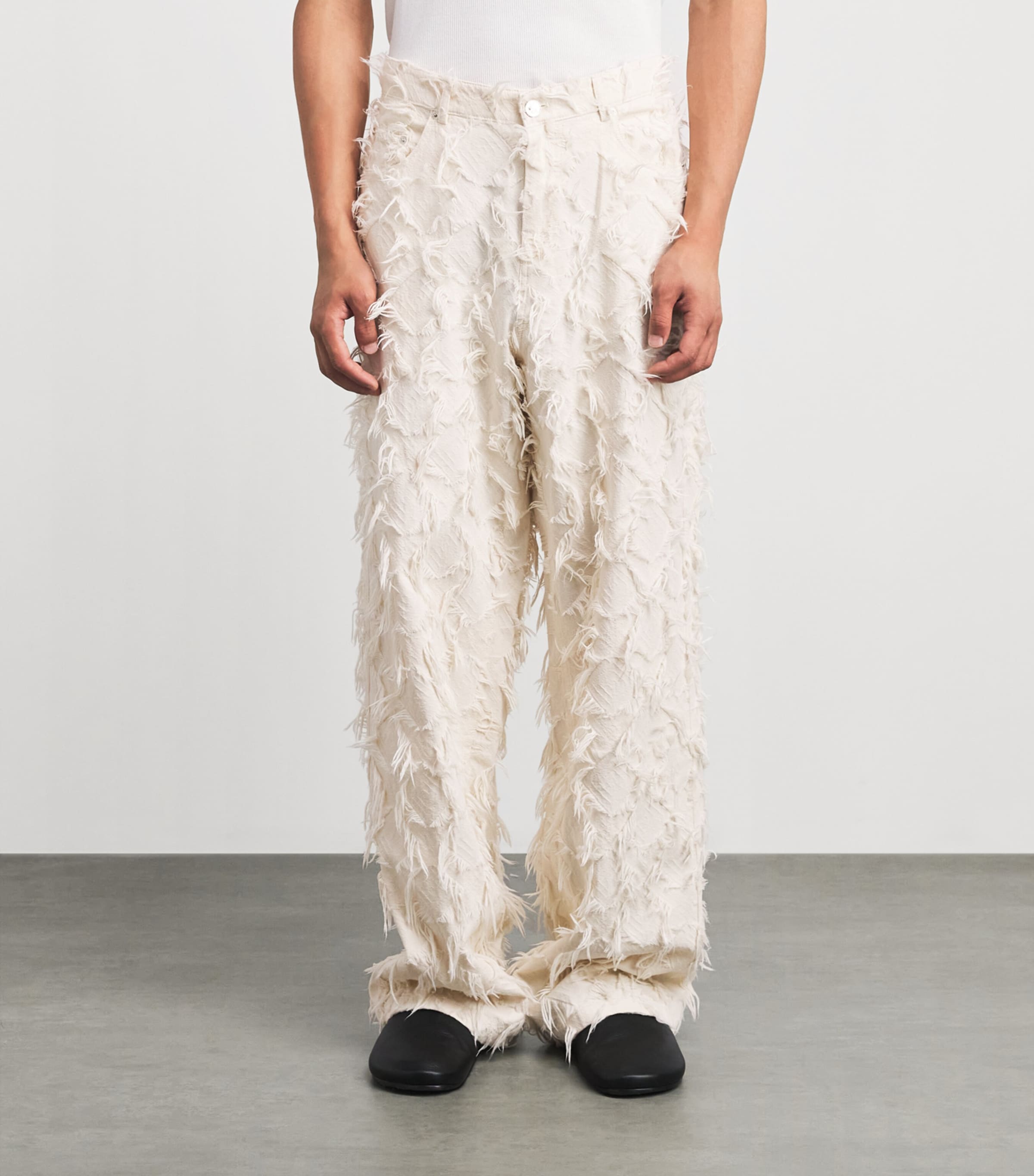 Séfr Mens Fringed Nikos Wide-Leg Jeans Fringed White Twill Image 4