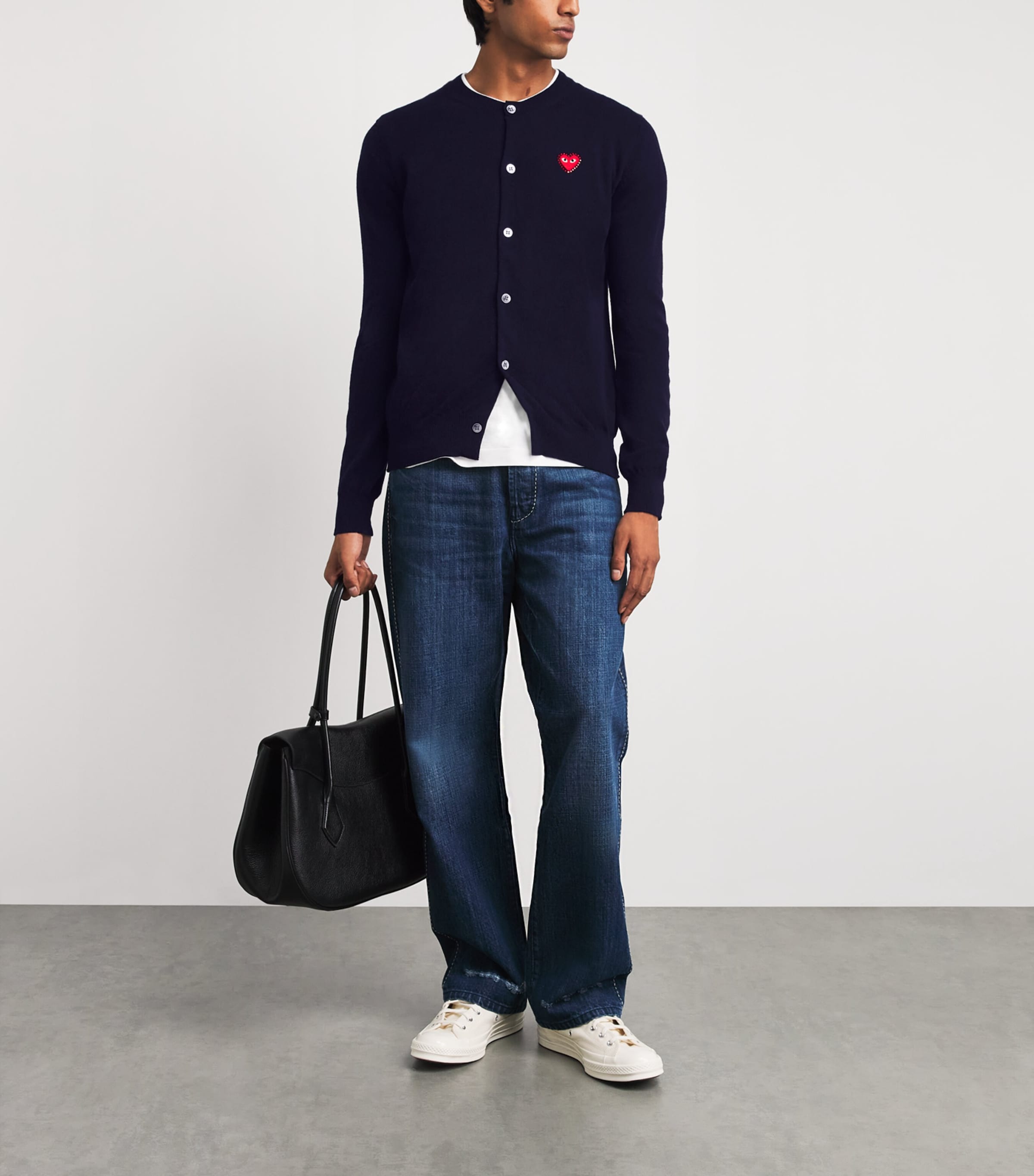 Comme Des Garçons Play Mens Wool Rhinestone Heart Logo Cardigan Navy Image 2