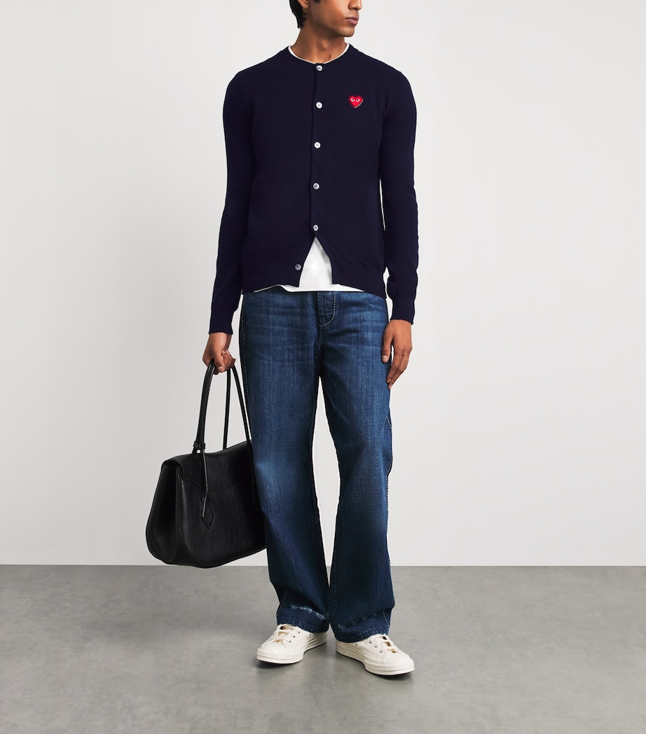Comme Des Garçons Play Mens Wool Rhinestone Heart Logo Cardigan Navy Image 2