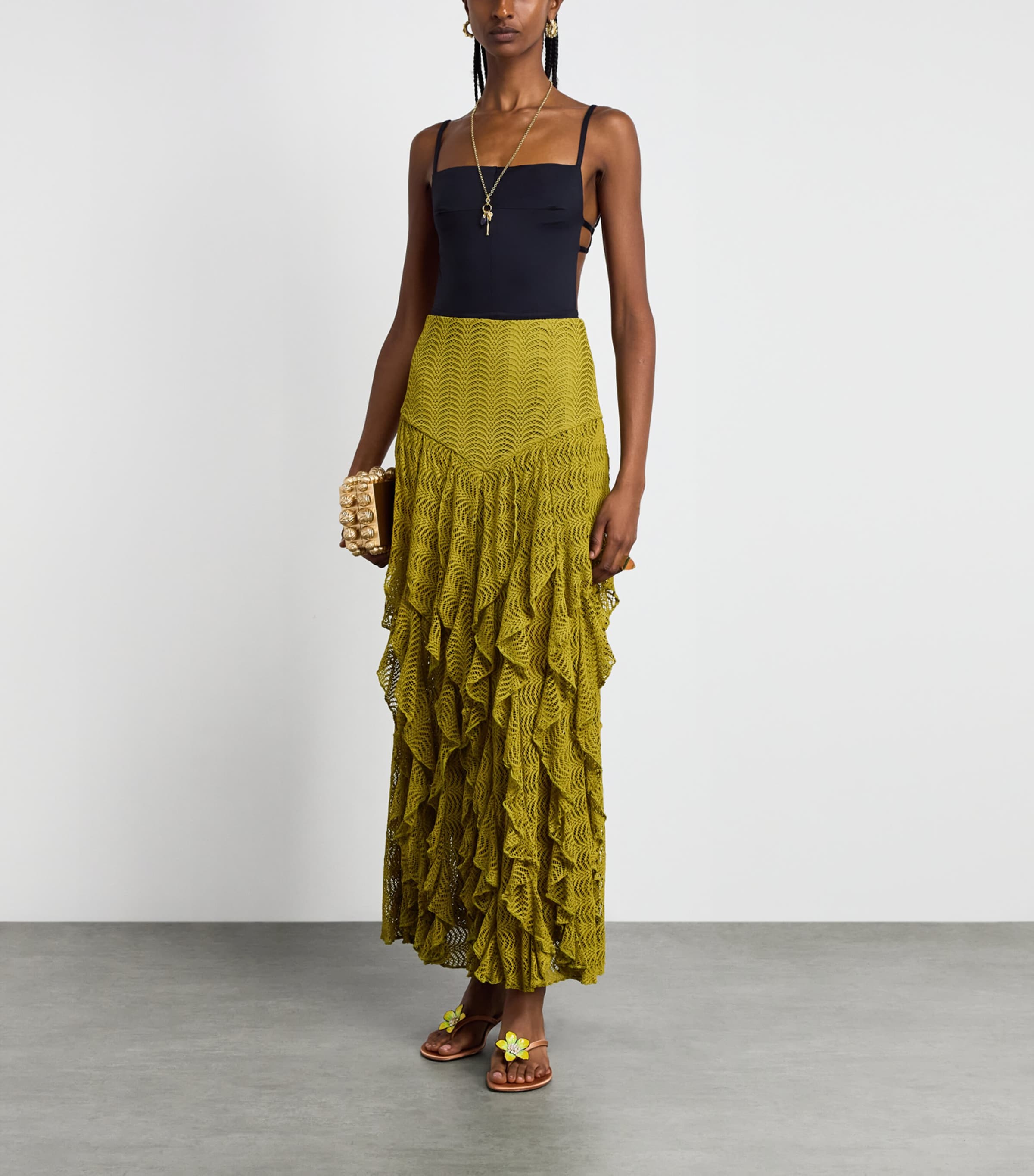 PatBO Womens Ruffle Petal Maxi Skirt Green Image 2