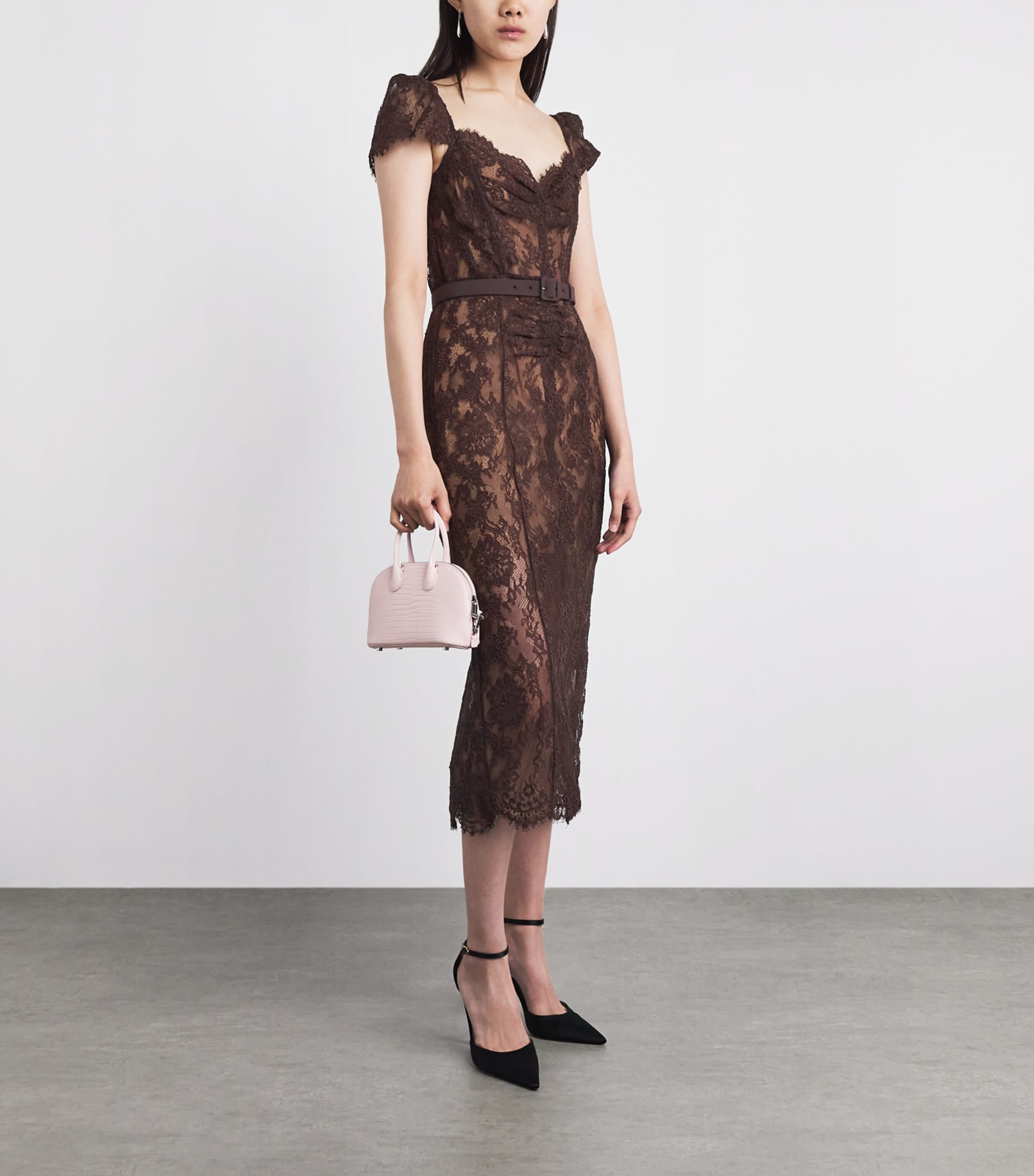 Self-Portrait Womens Lace Floral Midi Dress Brown Image 2
