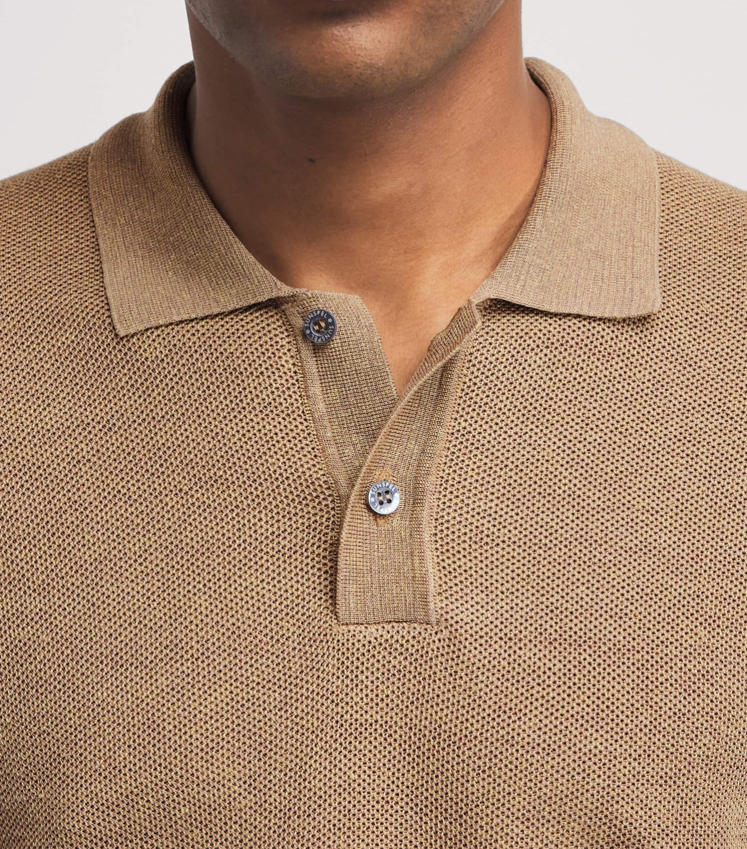 Sunspel Mens Linen-Silk Honeycomb Polo shirt Brgt Hazelwood Image 3