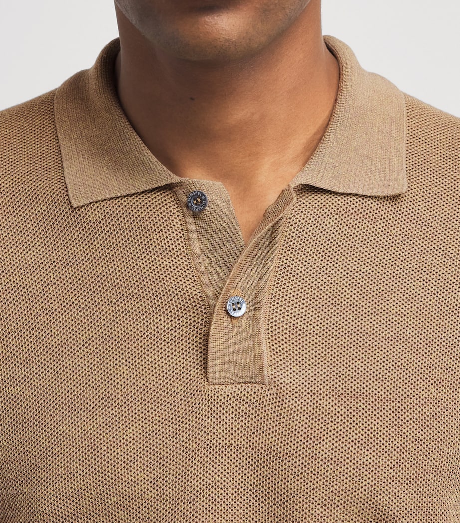 Sunspel Mens Linen-Silk Honeycomb Polo shirt Brgt Hazelwood Image 3