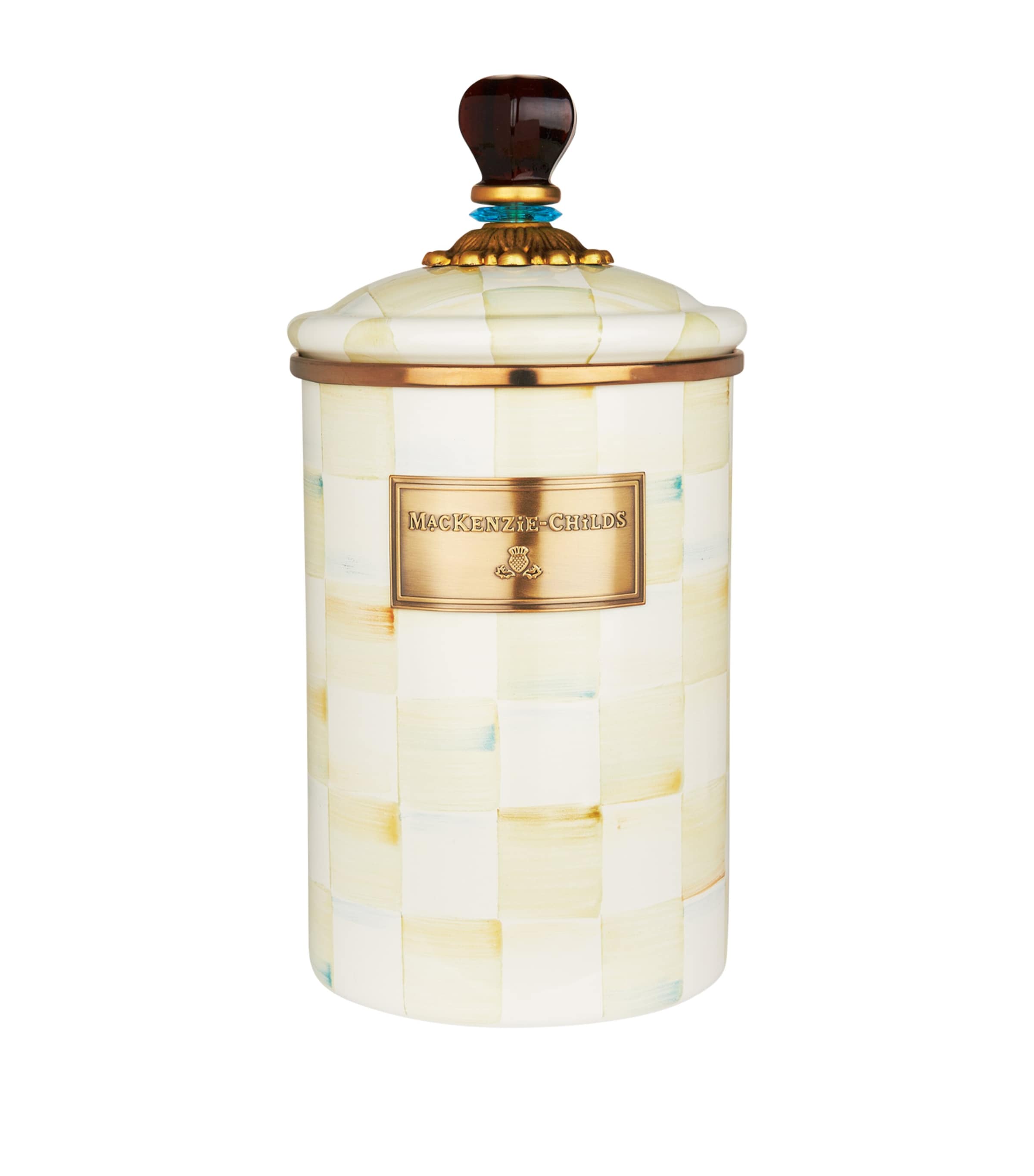 MACKENZIE-CHILDS LARGE PARCHMENT CHECK ENAMEL CANISTER