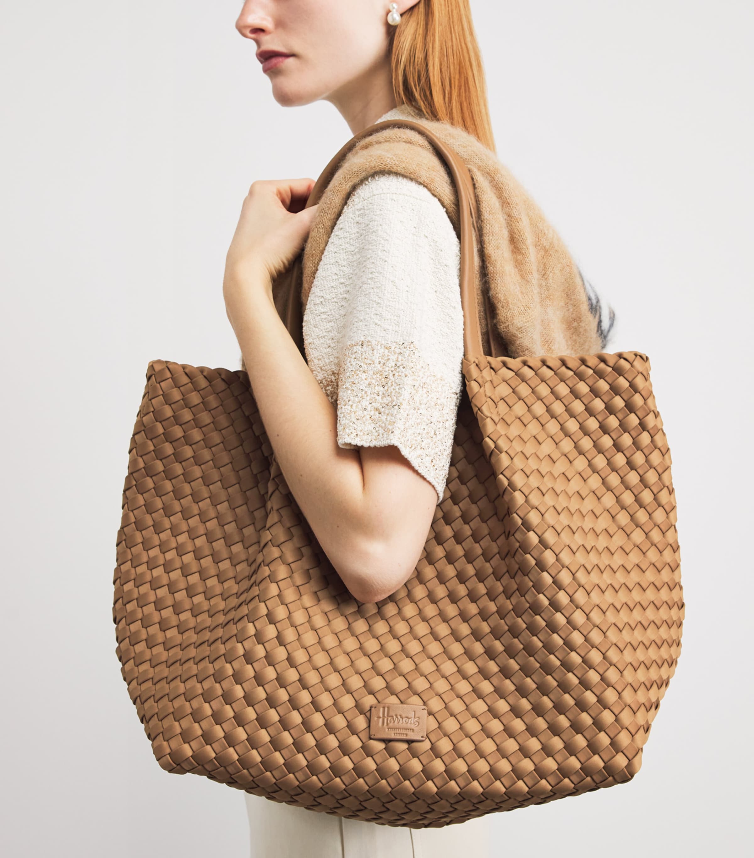 Harrods Neoprene Woven East-West Tote Bag Brown Image 2