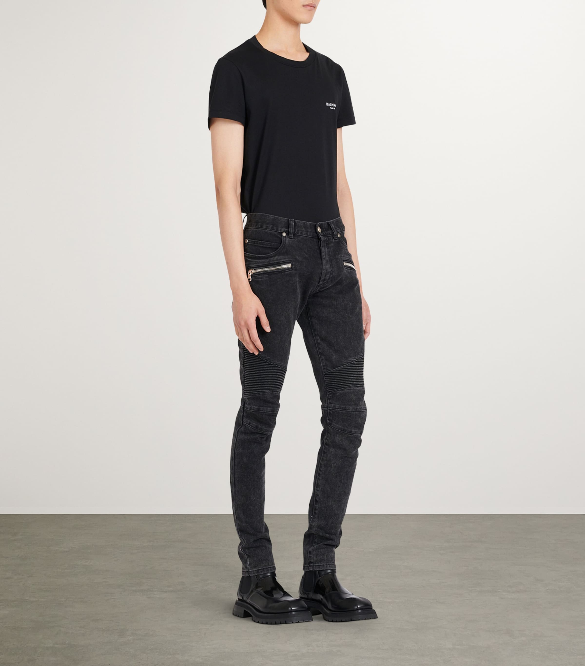 Balmain Mens Biker-Detail Skinny Jeans Noir D+lav+ Image 2