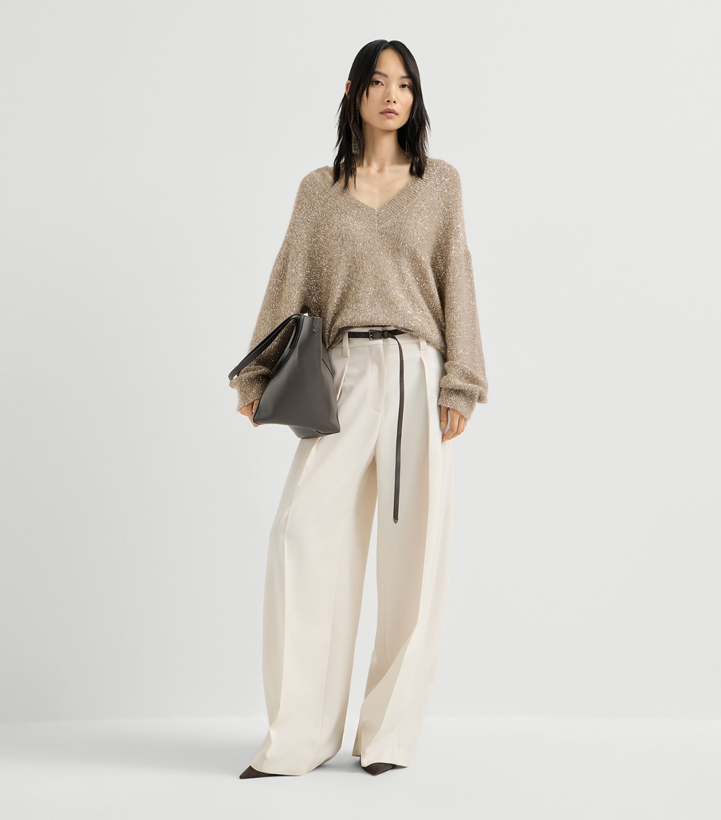 Brunello Cucinelli Womens Sparkling V-Neck Sweater Brown Image 5