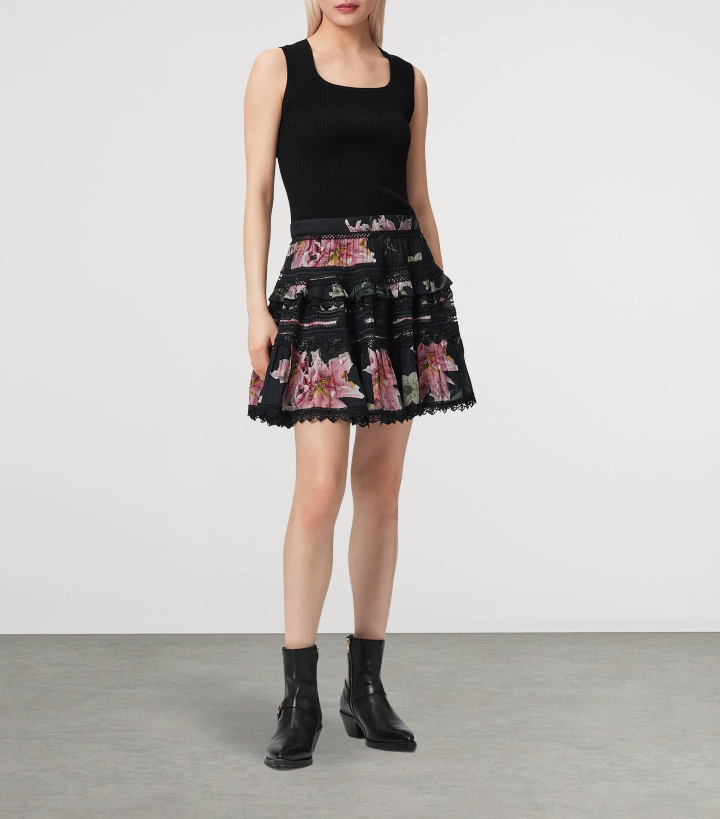 AllSaints Womens Floral Zora Mini Skirt Crystal Black Image 2
