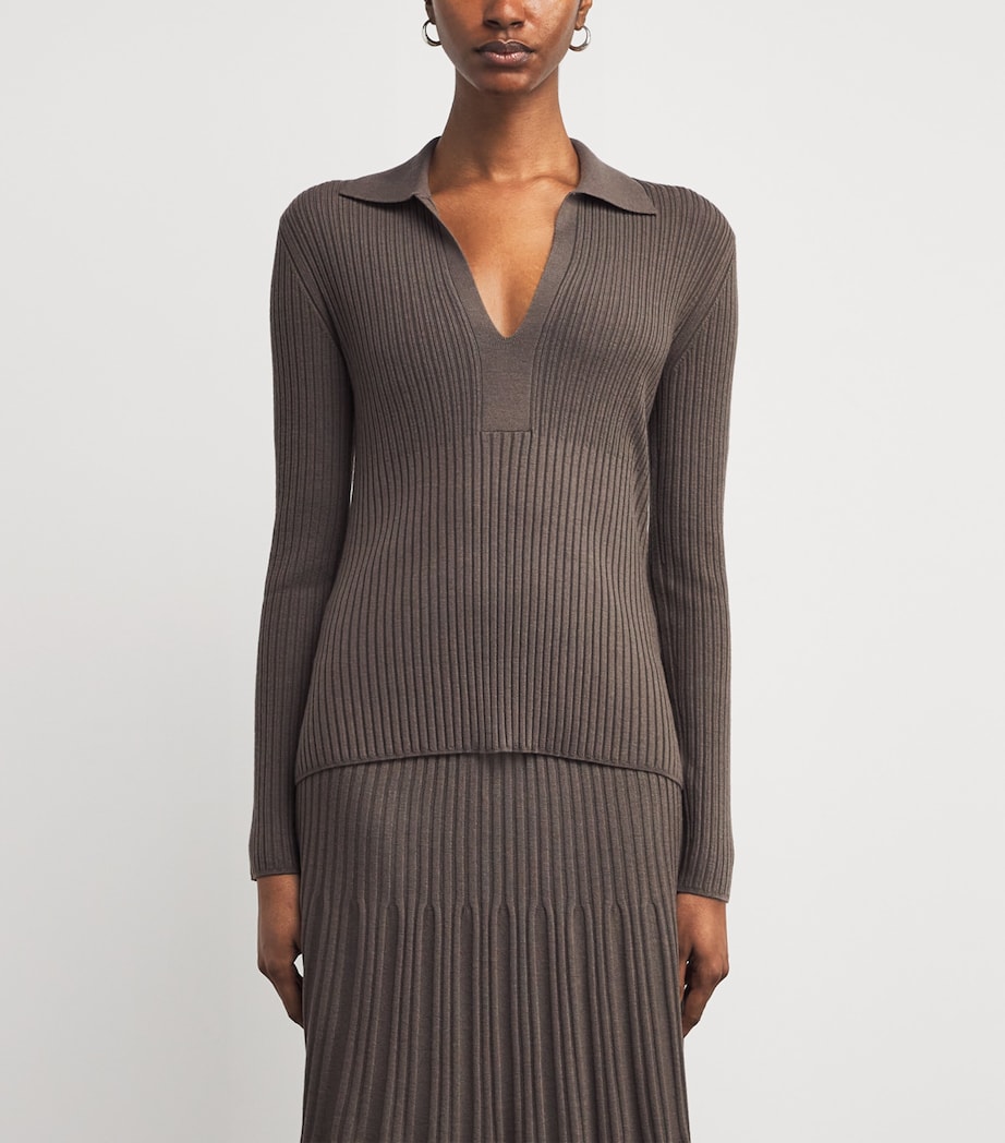 Wool-Blend Ribbed Polo Top MUSHROOM Image 3