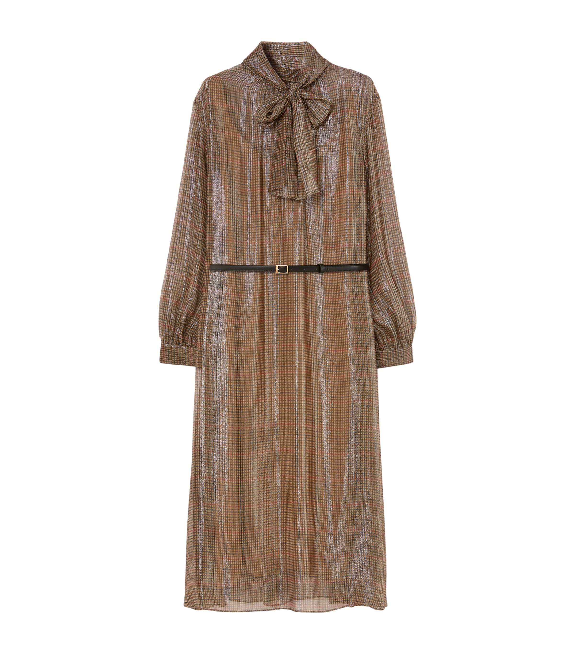 Marina Rinaldi Silk-Blend Metallic Tartan Midi Dress Gold Camel Image 1