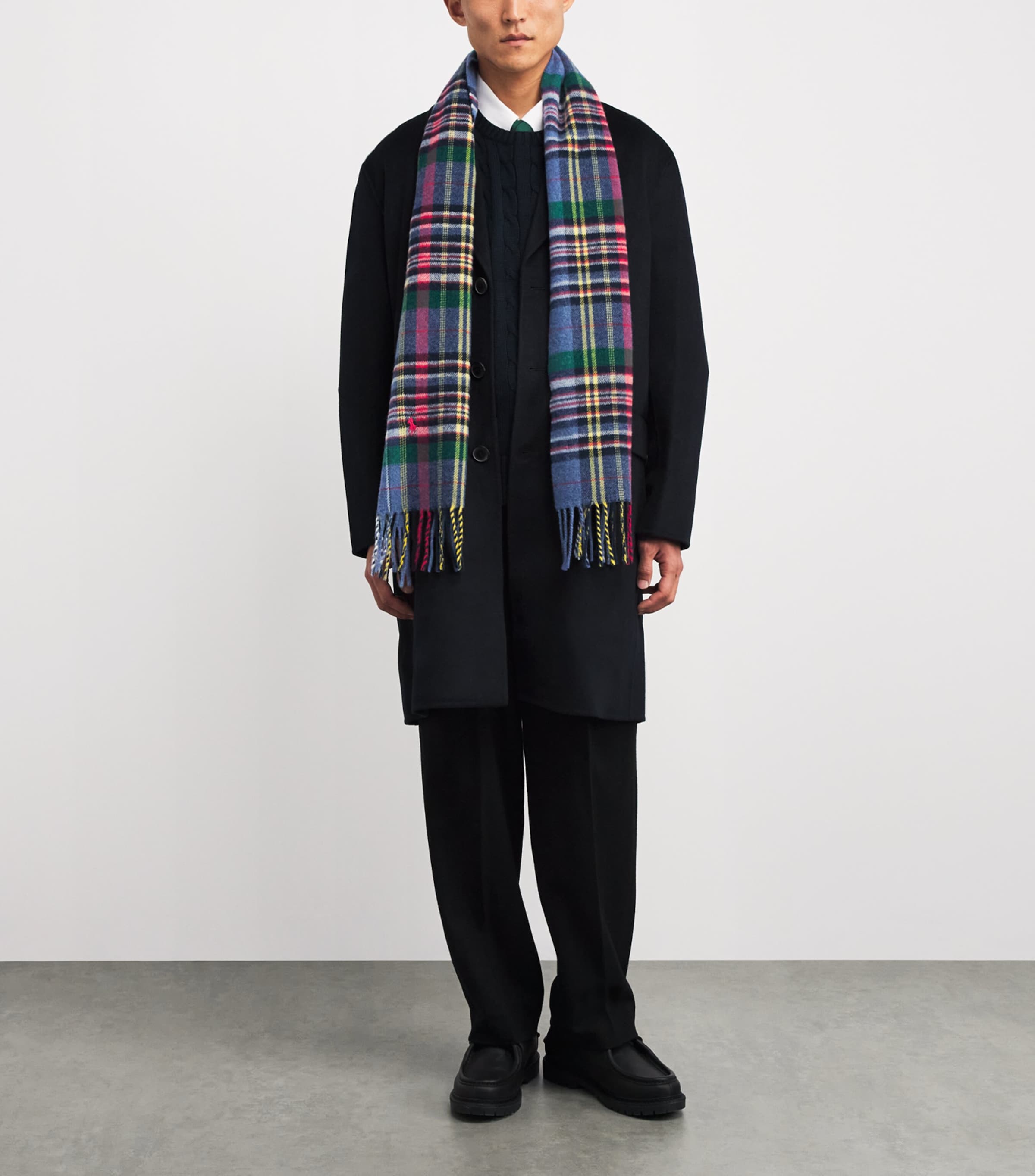 Wool Check Fringed Scarf BLUE Image 3