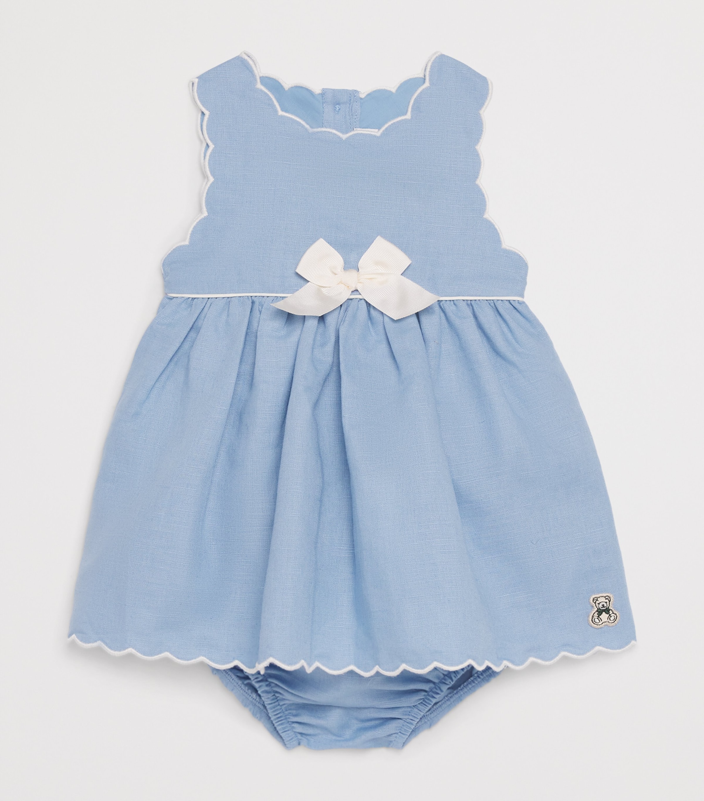 Harrods Linen-Cotton Bow-Detail Dress and Bloomers Set (0-18 Months) Blue Image 3