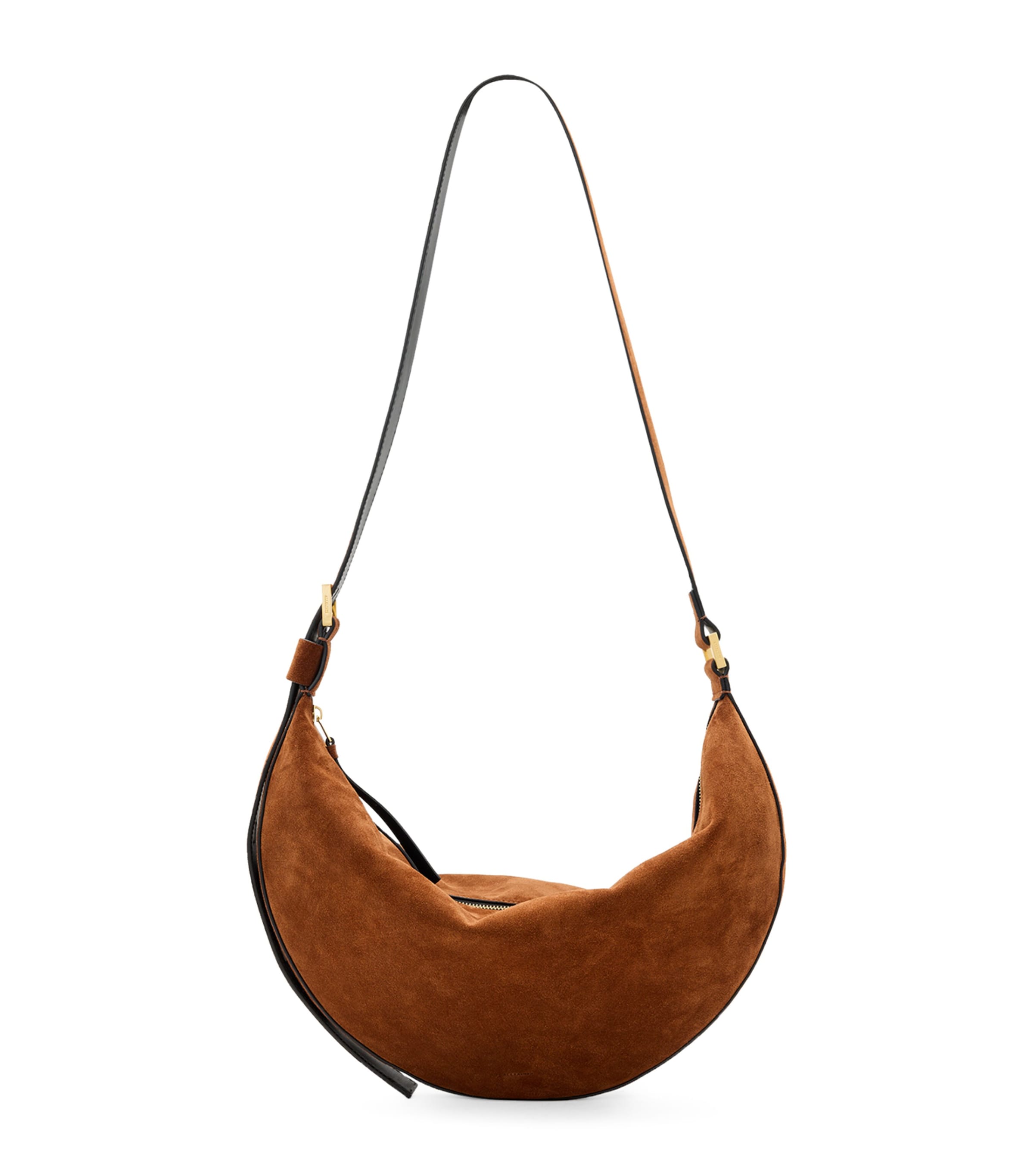 Shop Allsaints Suede Half Moon Shoulder Bag In Brown