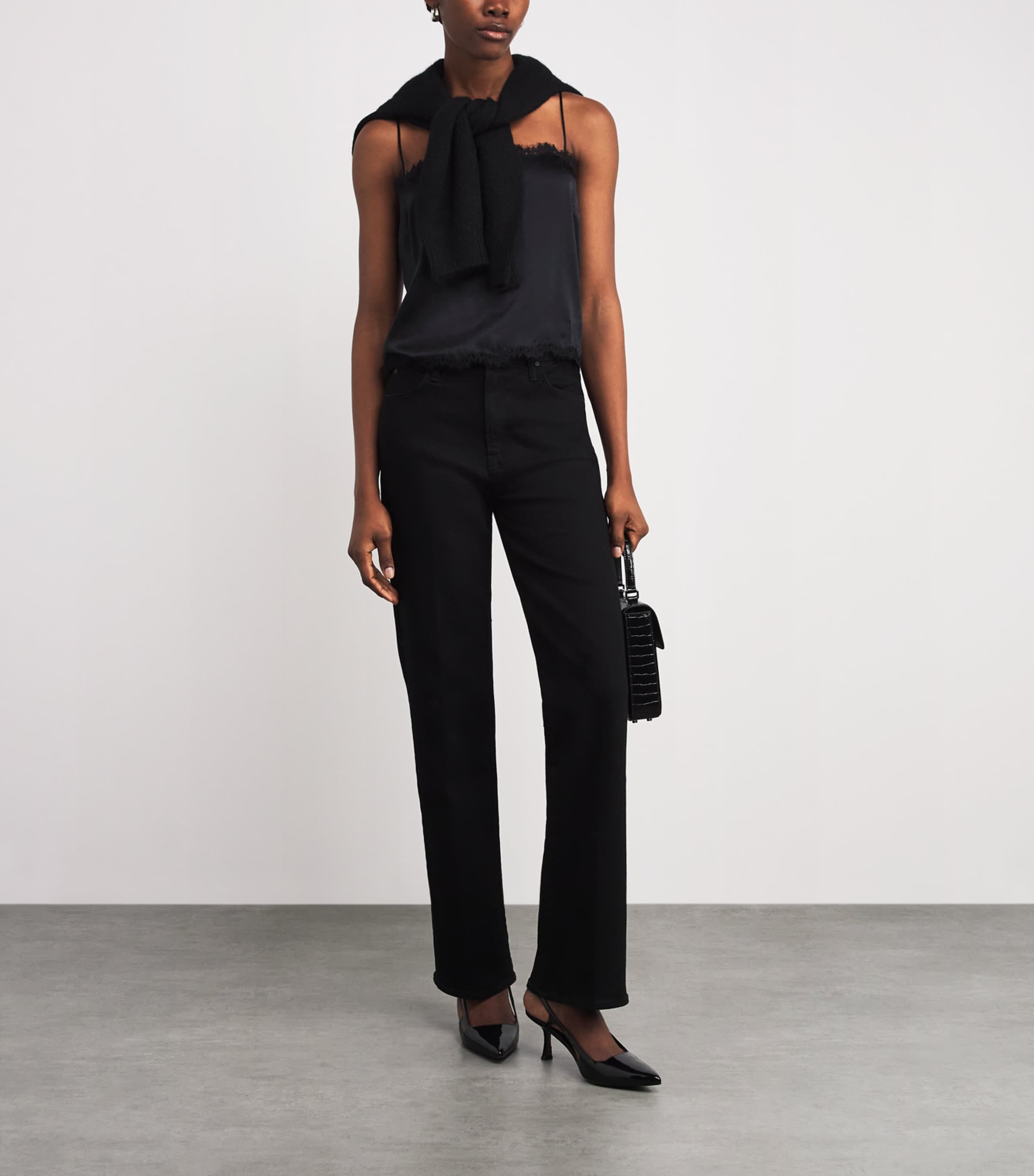 Silk Lace-Trim Loure Top BLACK W BLACK LACE Image 2