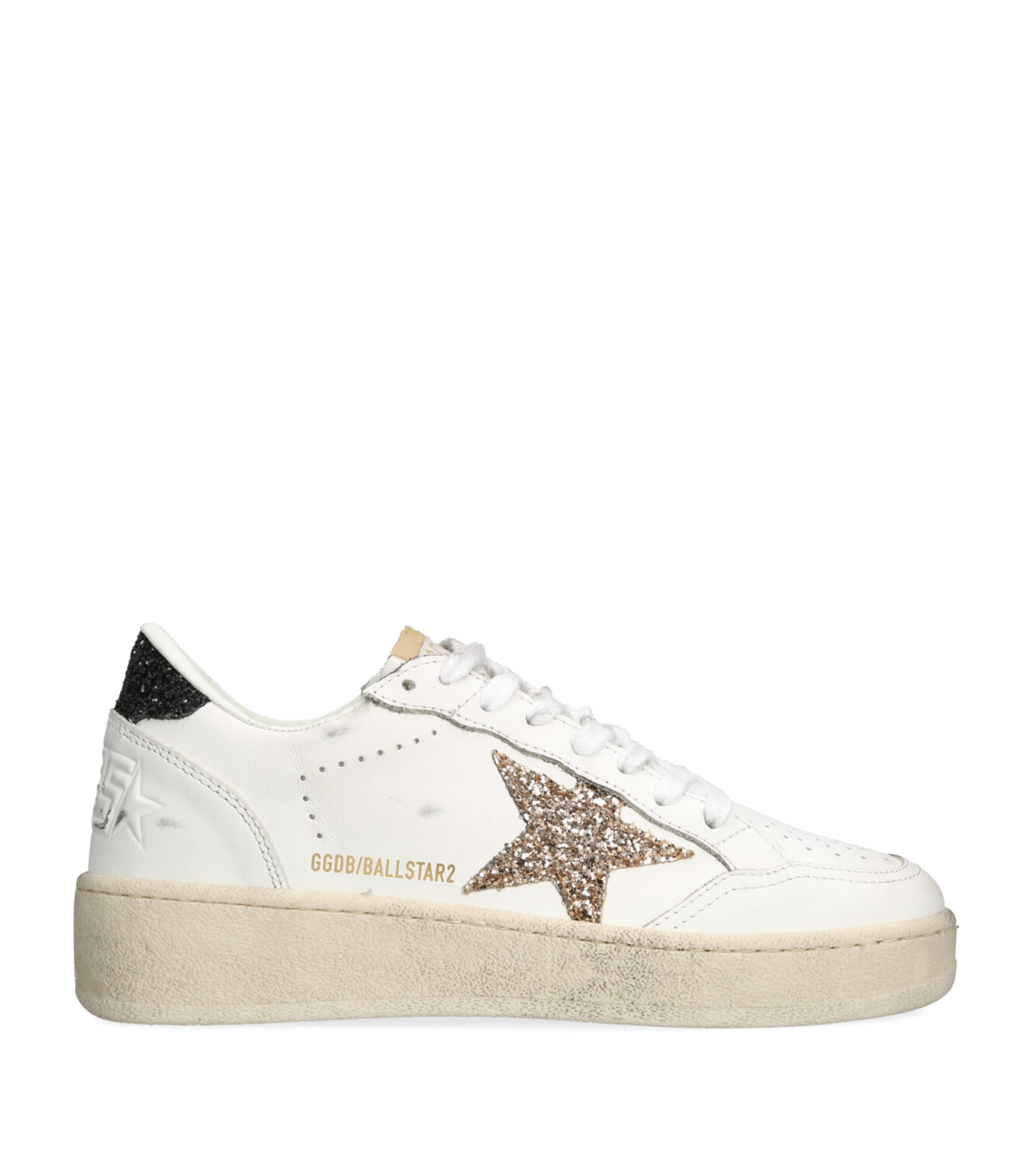 Golden Goose Women's Ball Star 2 Sneakers With Gold Glitter Star And Black Glitter Heel Tab In White