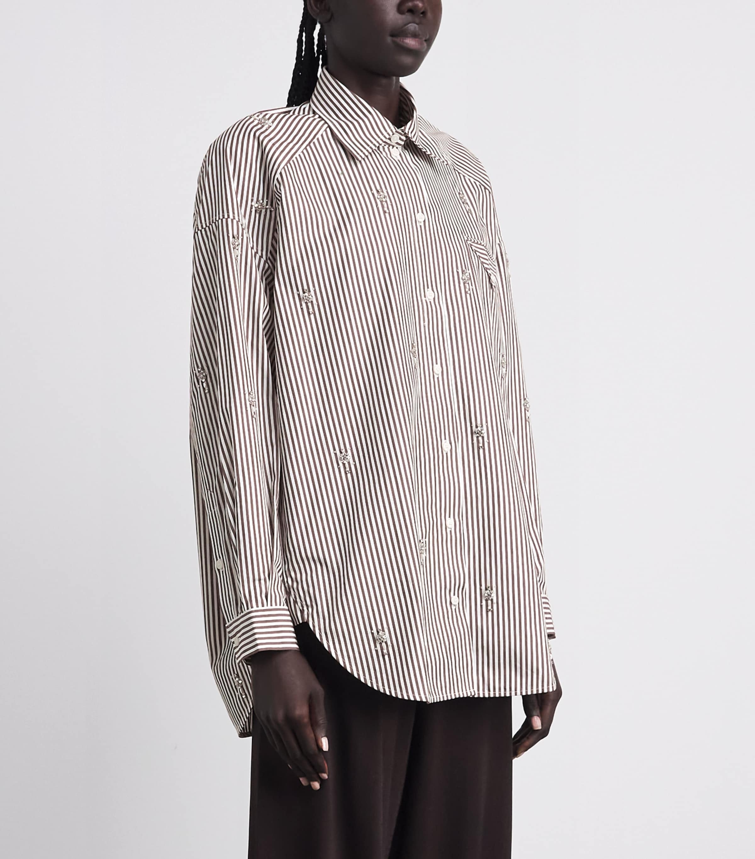 Sandro Paris Womens Cotton Stripe Embellished Shirt Brown Image 4