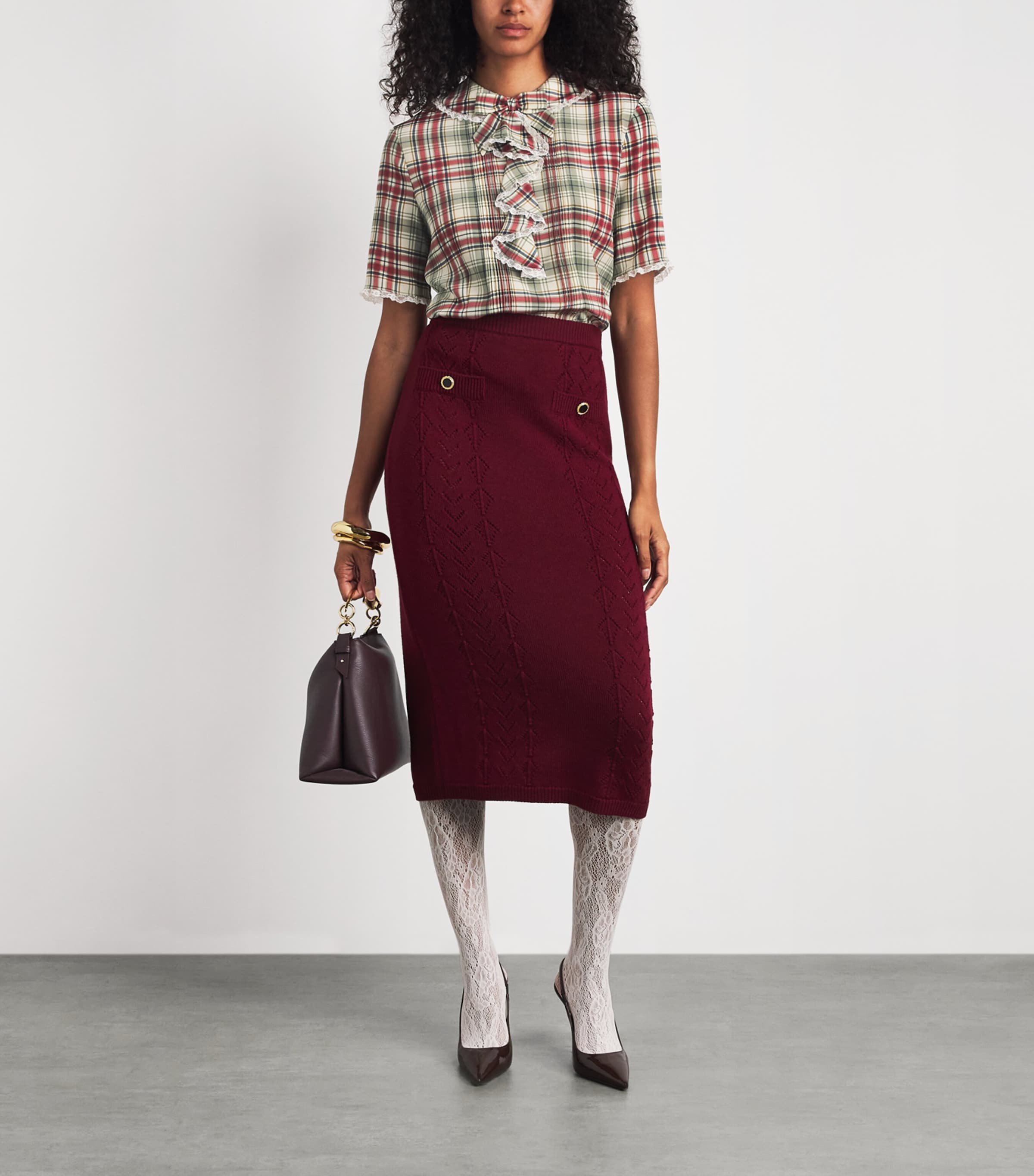 Alessandra Rich Womens Silk Tartan Jabot Blouse Green Red Image 2