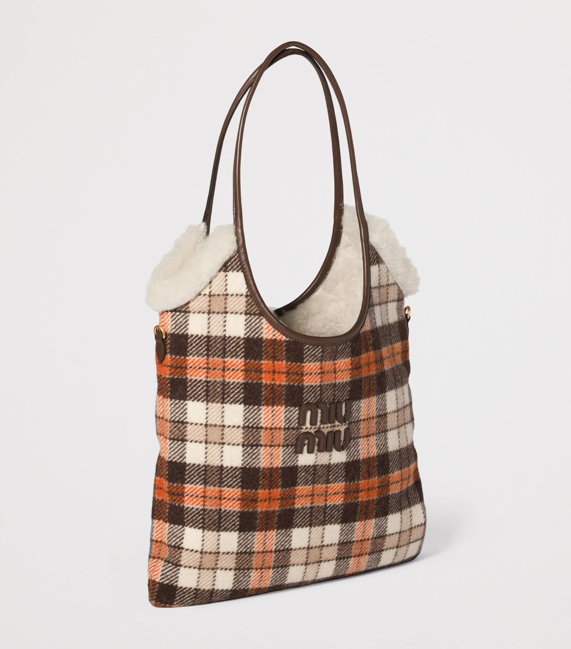 Shearling-Trim Plaid Ivy Tote Bag F0Z0F Image 3