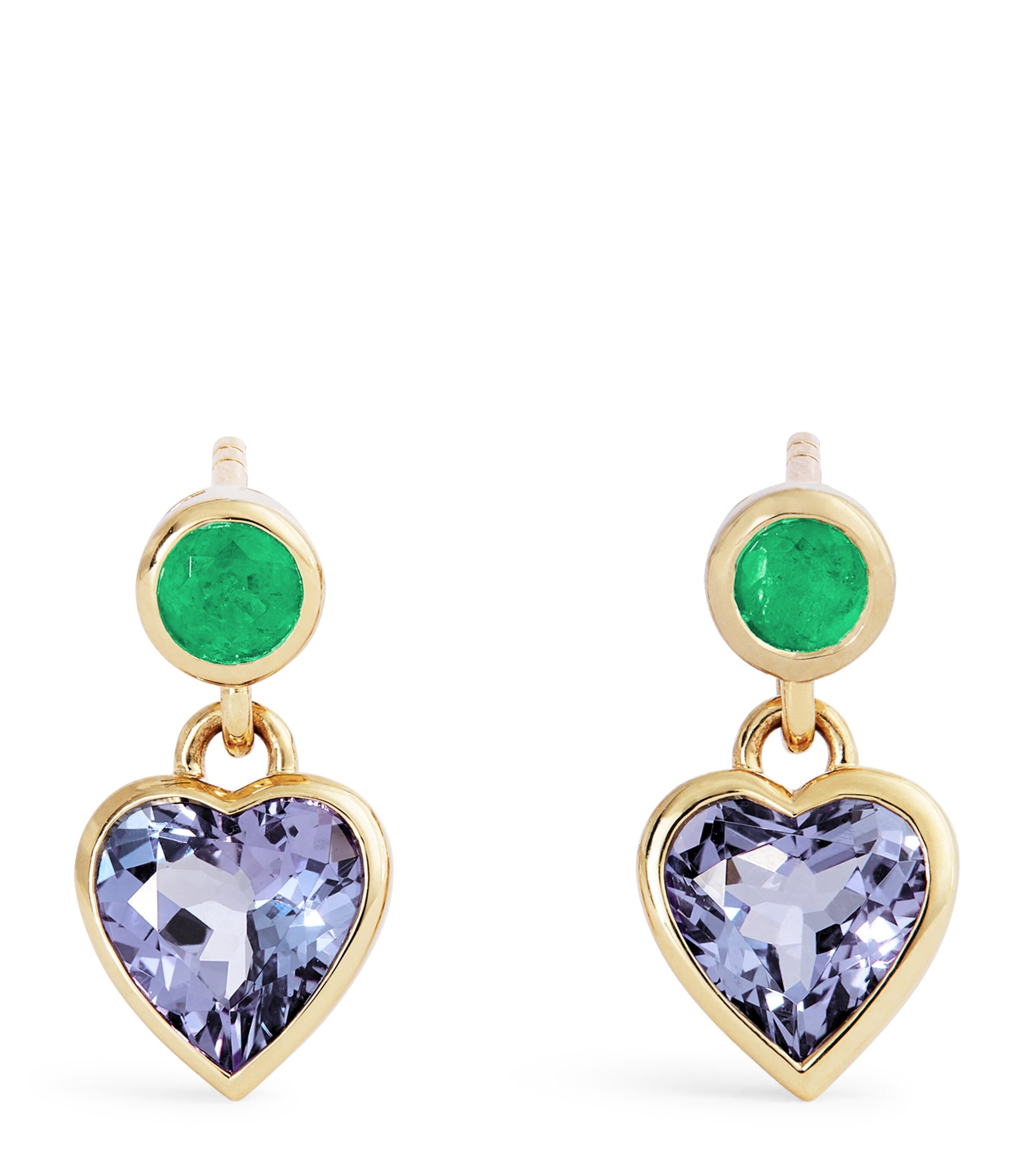 Yellow Gold, Emerald and Tanzanite Blue Heart Earrings YELLOW GOLD Image 1