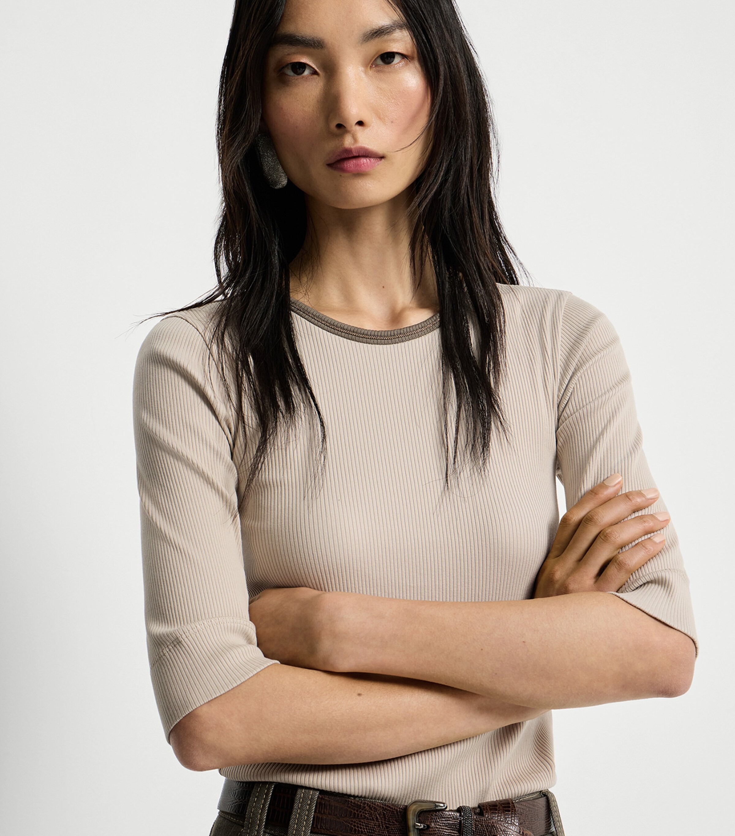 Brunello Cucinelli Womens Stretch-Cotton Ribbed T-Shirt Image 4