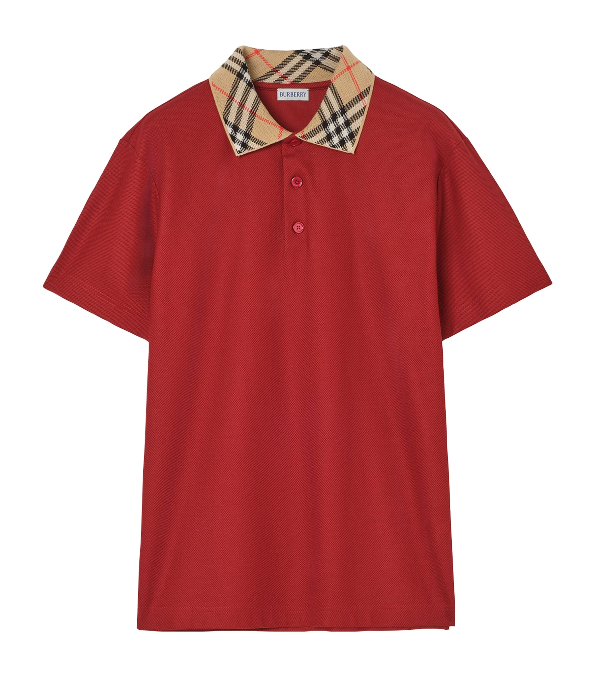 Burberry Mens Cotton Check-Collar Polo Shirt Vineyard Red Image 1