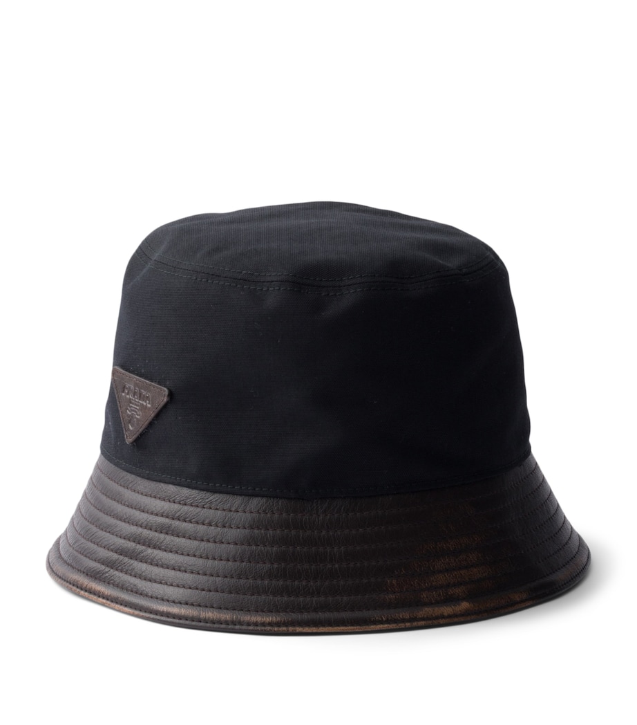Prada Leather-Trim Logo Bucket Hat Black Image 1
