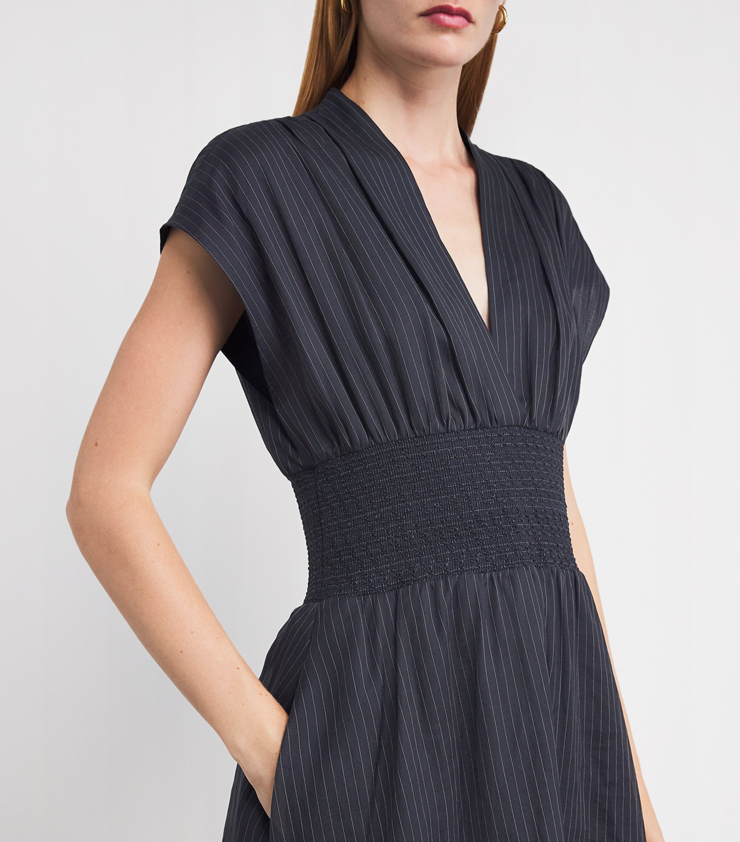 Tory Burch Navy Cotton Stripe Shirred-Waist Midi Dress | Harrods MU