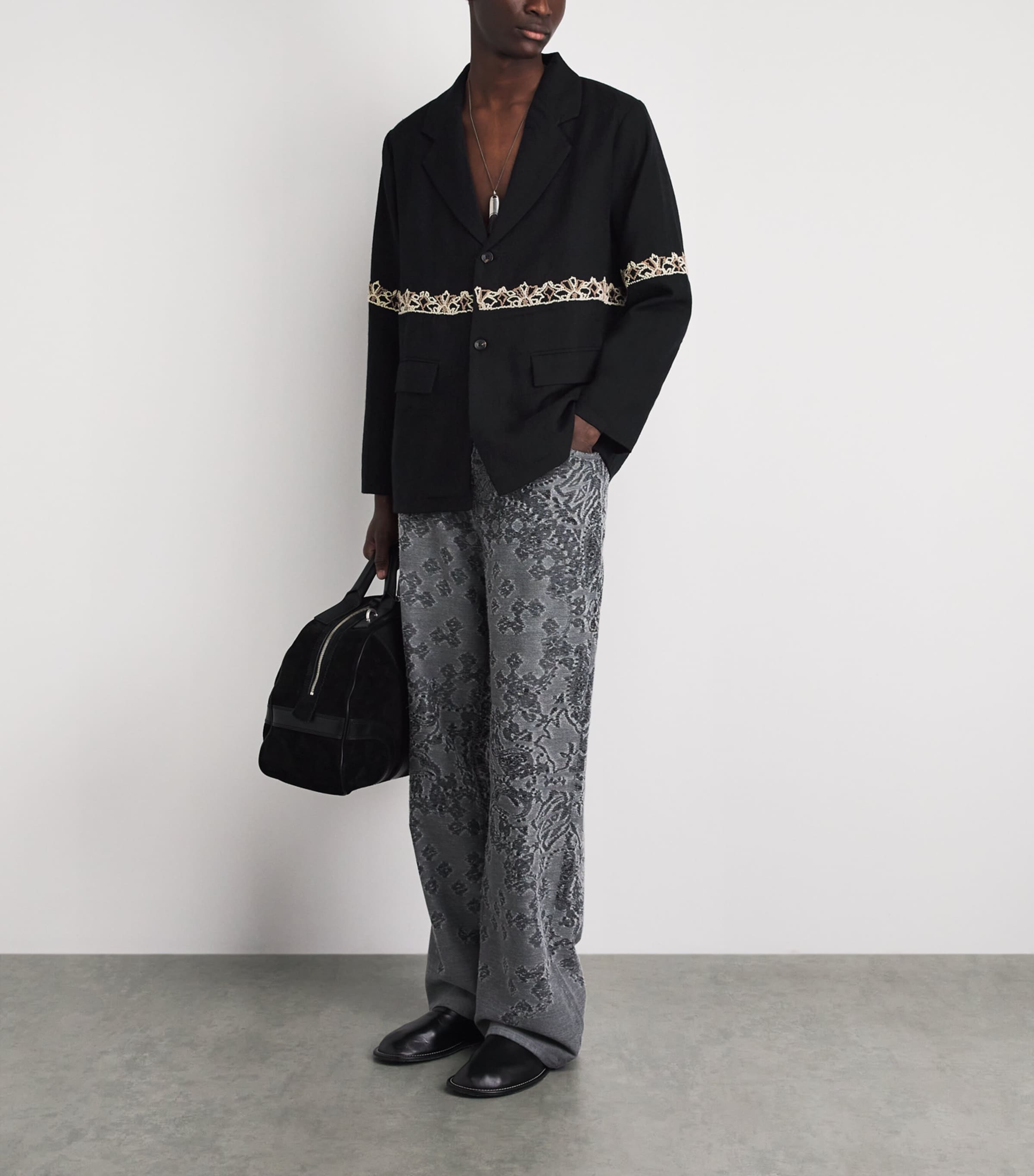 Kartik Research Mens Wool Embroidered Blazer Black/ Ecru/ Beige Image 2