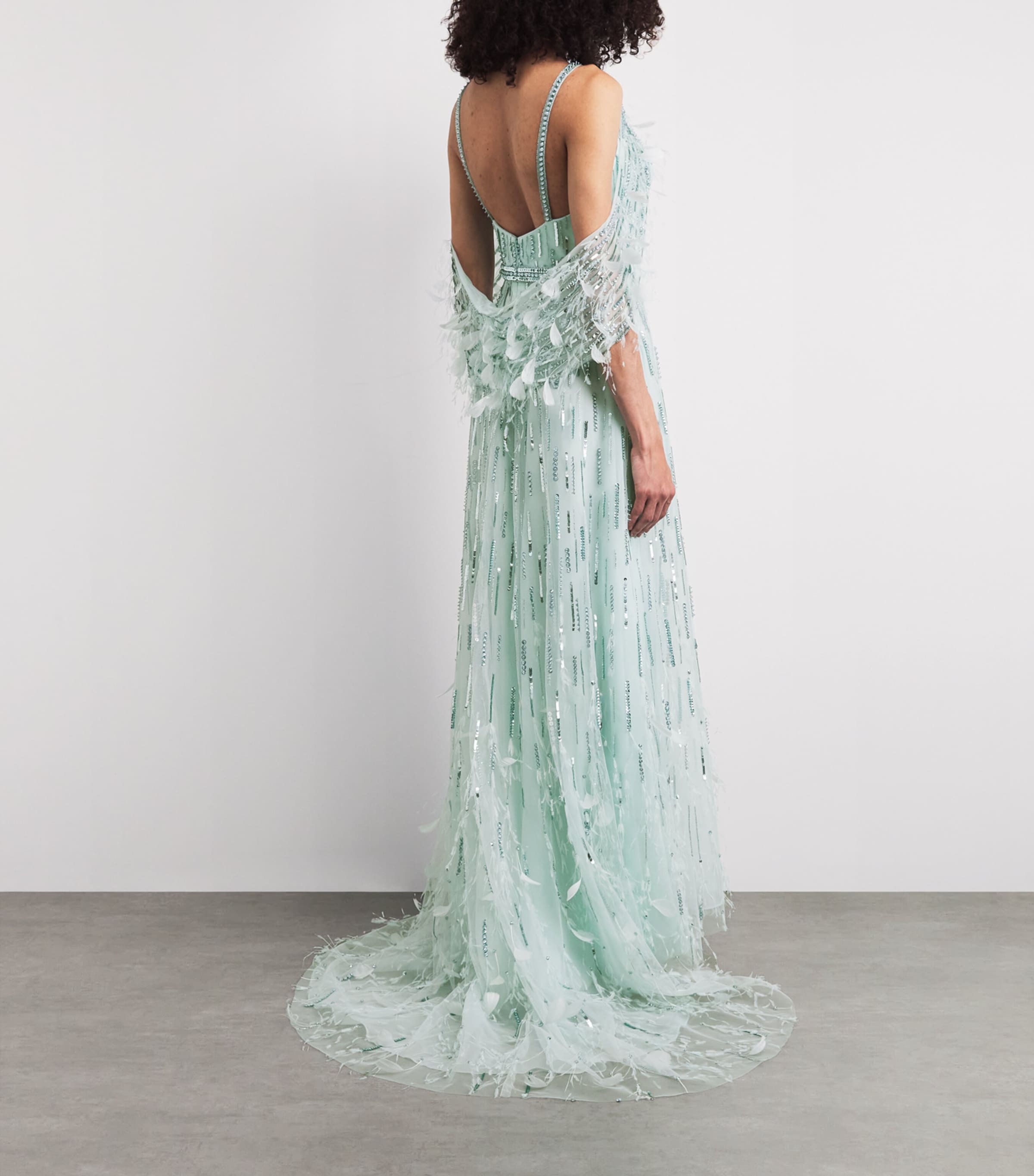 Pamella Roland Womens Feather-Trim Embellished Gown Aqua Image 4