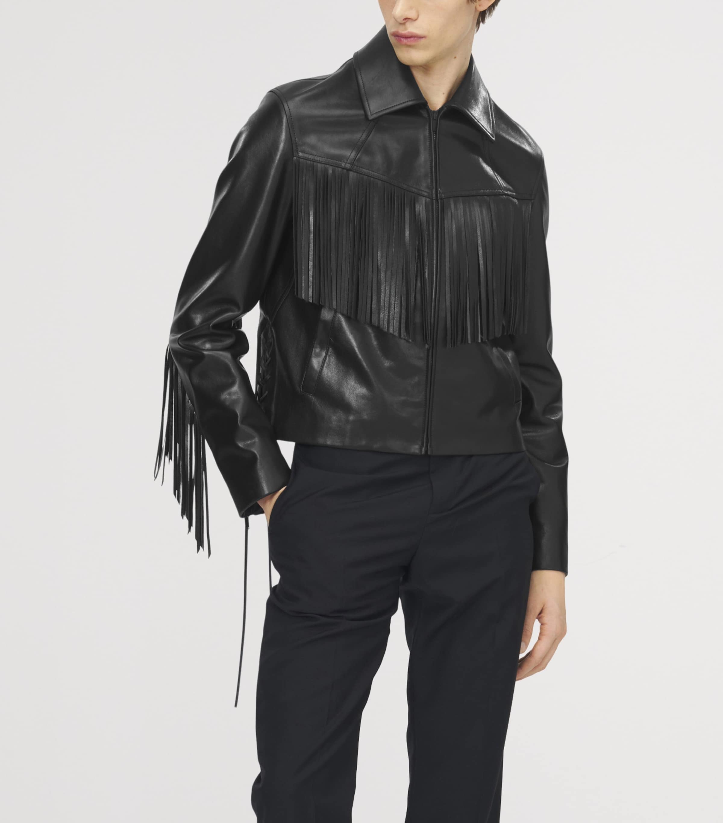 McQueen Mens Leather Fringed Jacket Image 5