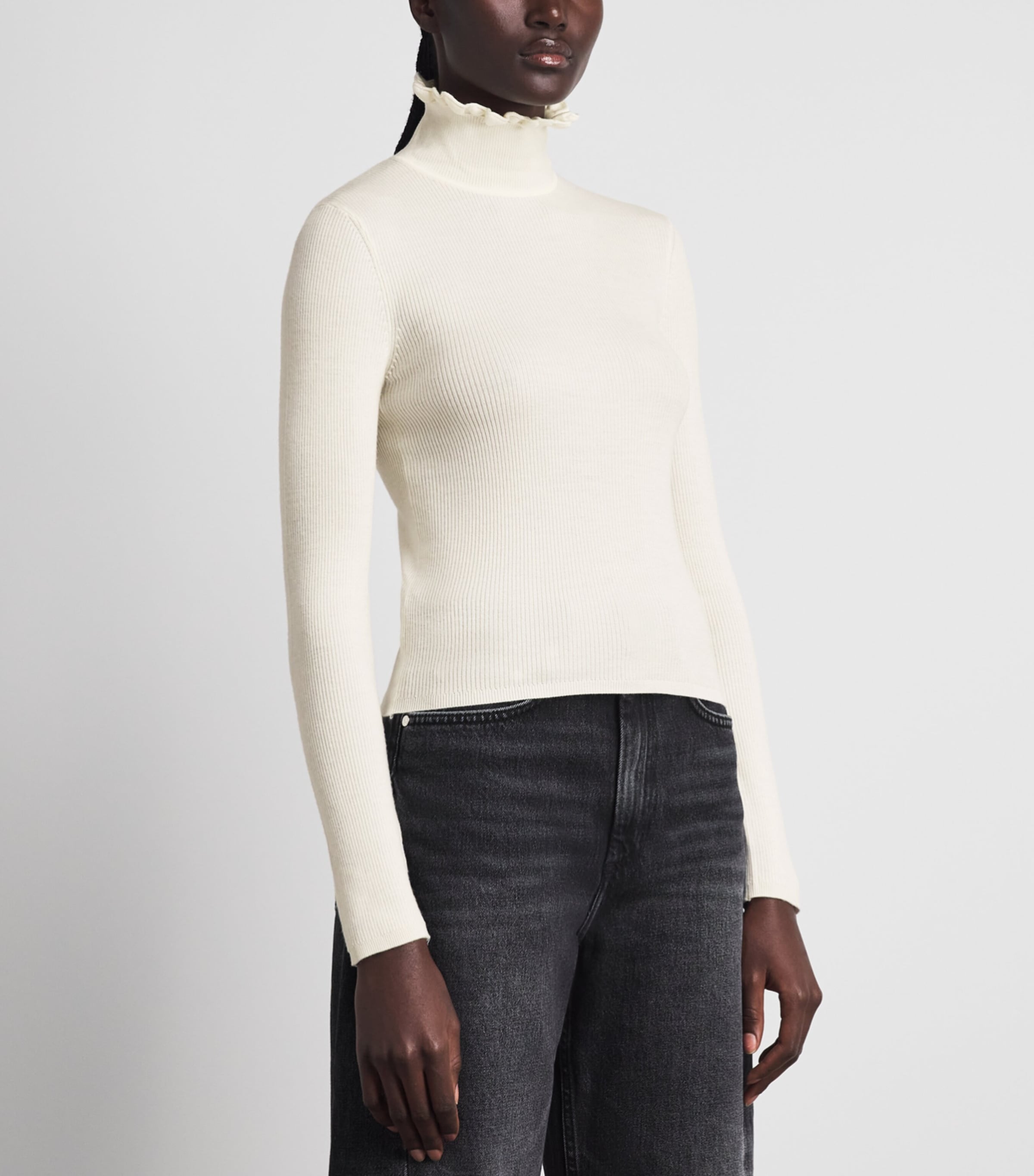 Sandro Paris Womens Wool-Blend Ruffle-Neck Sweater Ecru Image 4
