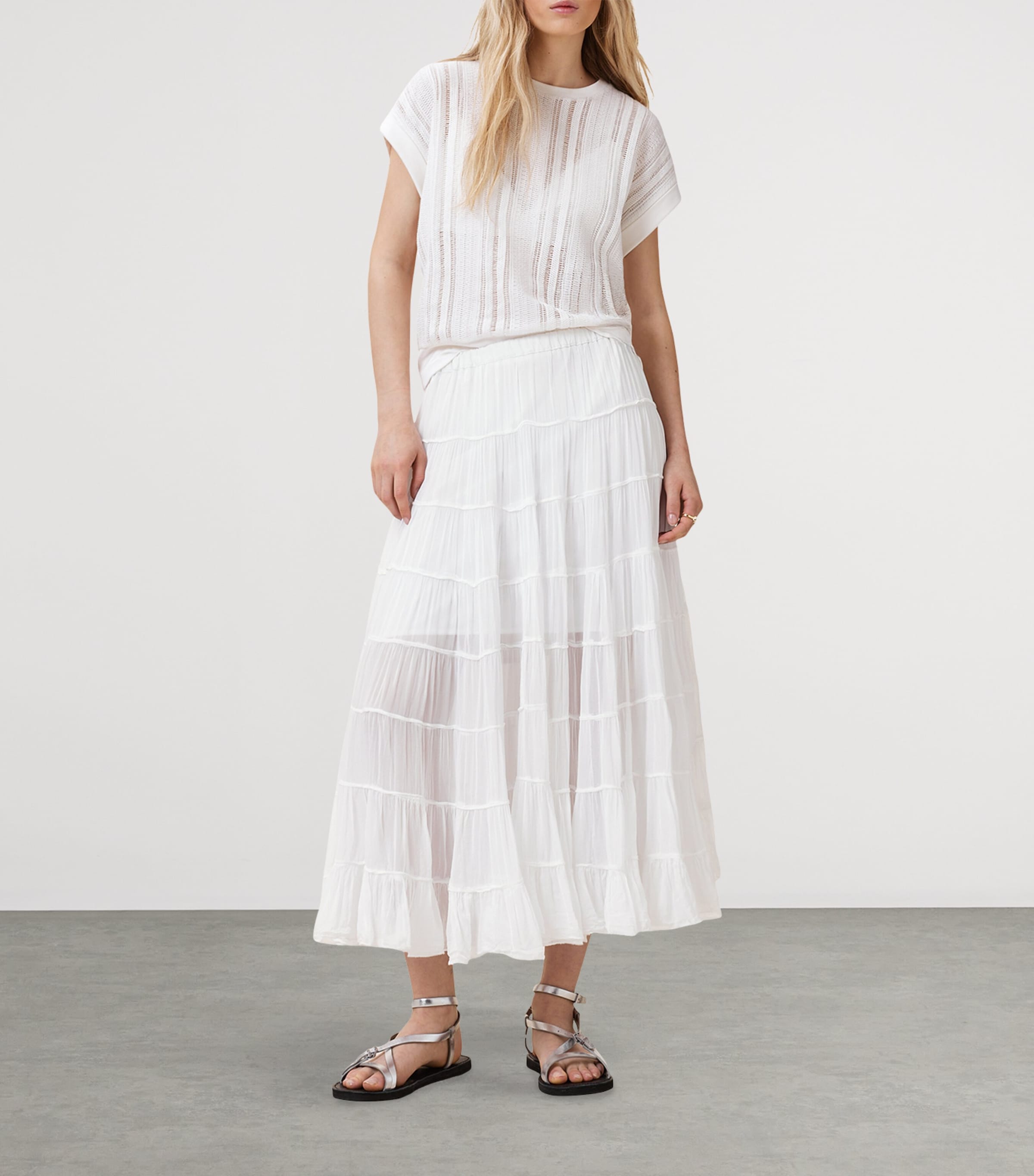 AllSaints Womens Eva Tiered Midi Skirt Chalk White Image 3