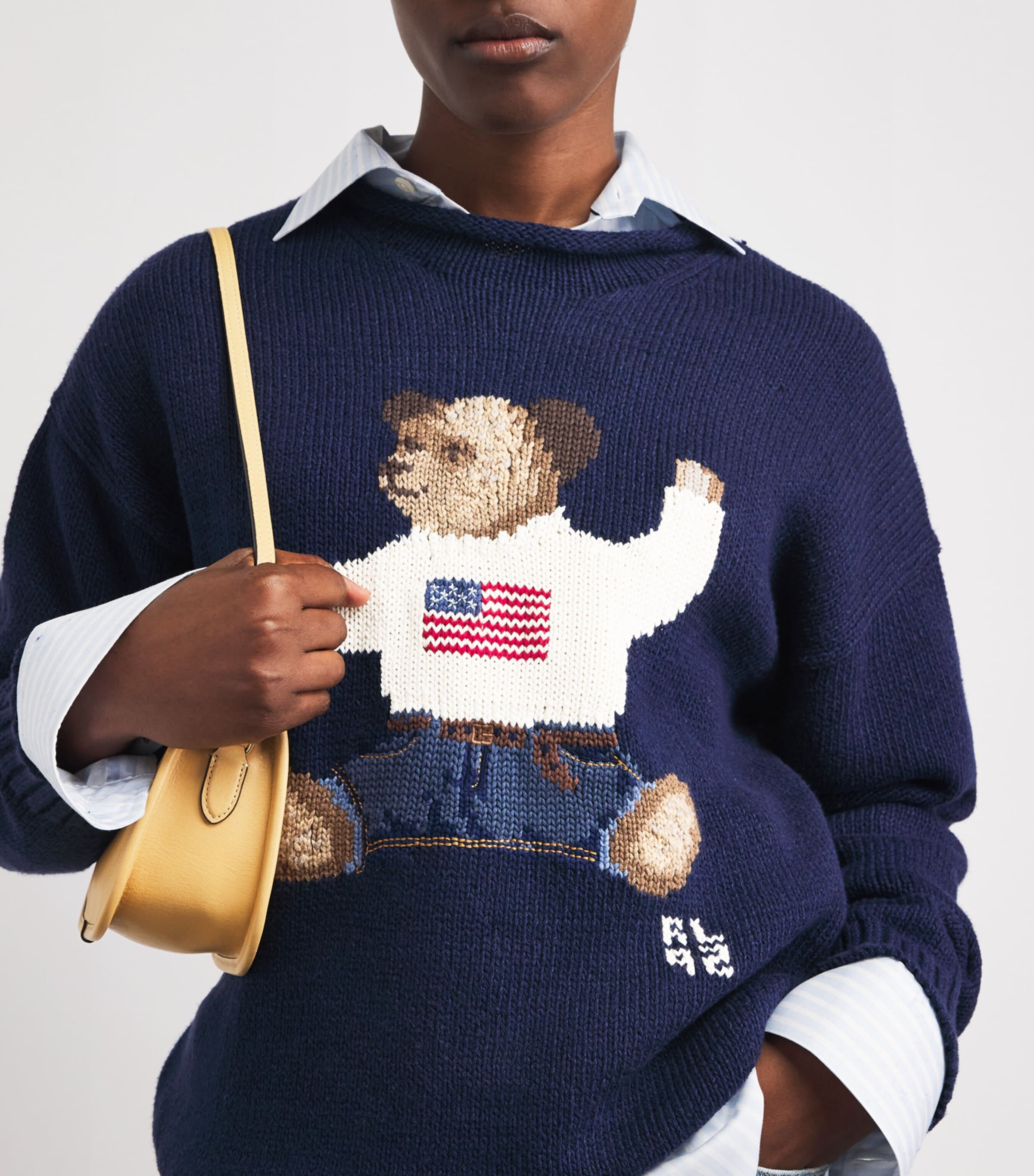 Polo Ralph Lauren Womens Cotton-Linen Sitting Polo Bear Sweater Newport Navy Multi Image 2