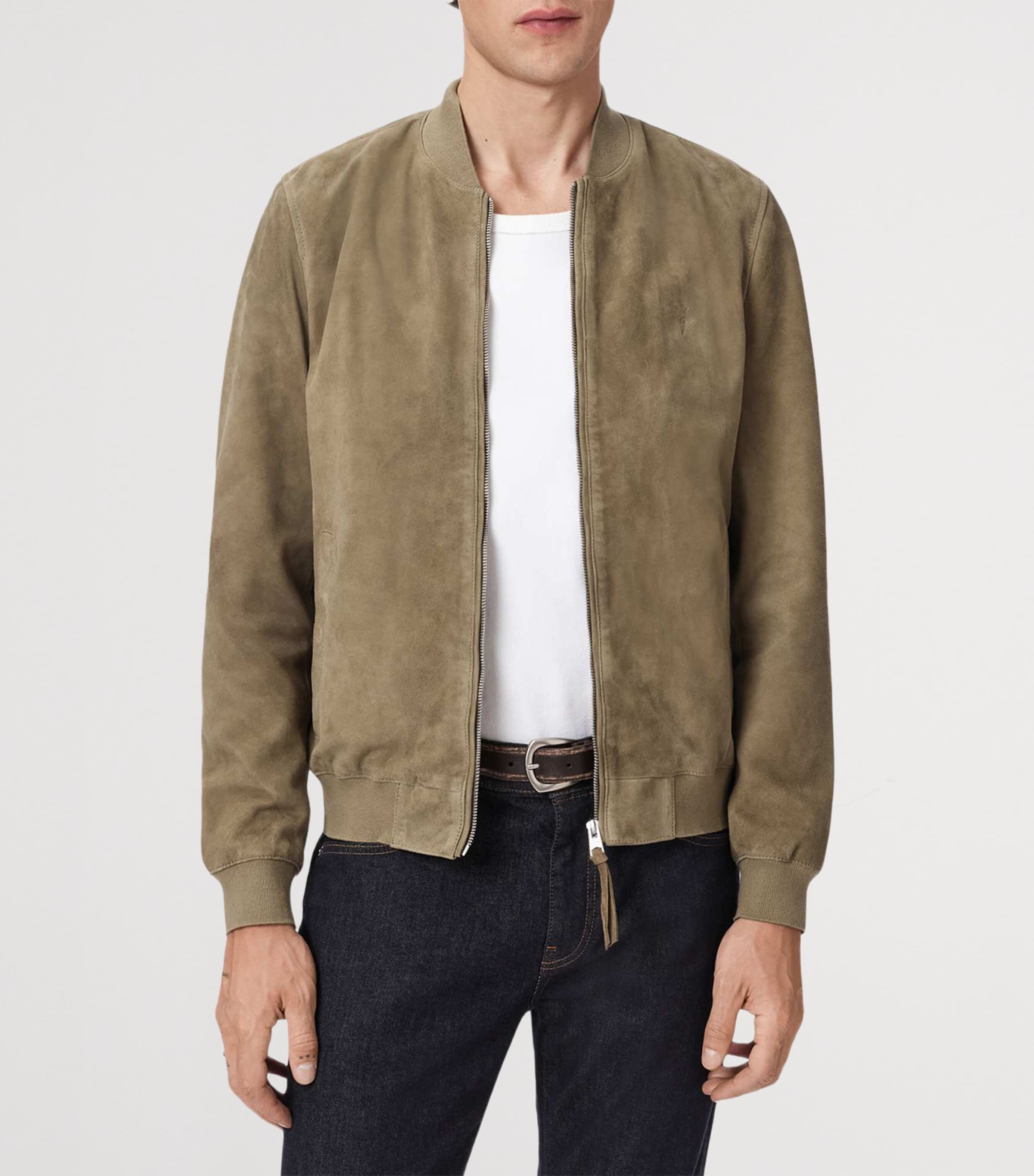 AllSaints Mens Suede Morten Bomber Jacket Olive Green Image 3