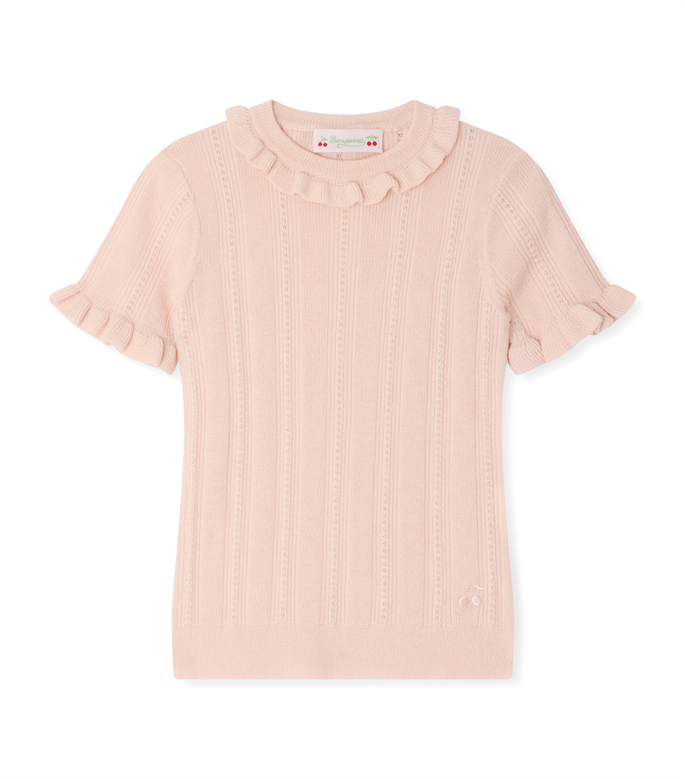 Bonpoint Cotton-Cashmere Short-Sleeve Sweater (10-14 Years) Rose Poudre Image 1