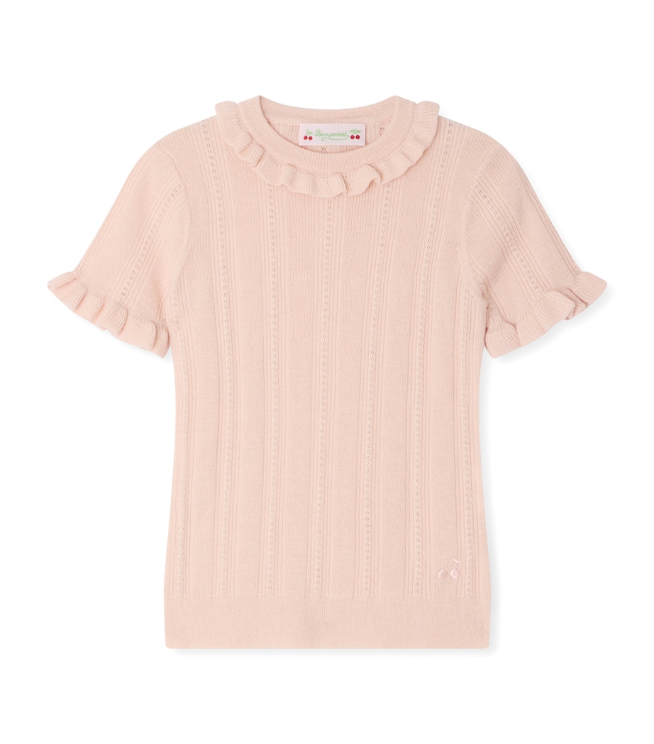 Bonpoint Cotton-Cashmere Short-Sleeve Sweater (10-14 Years) Rose Poudre Image 1