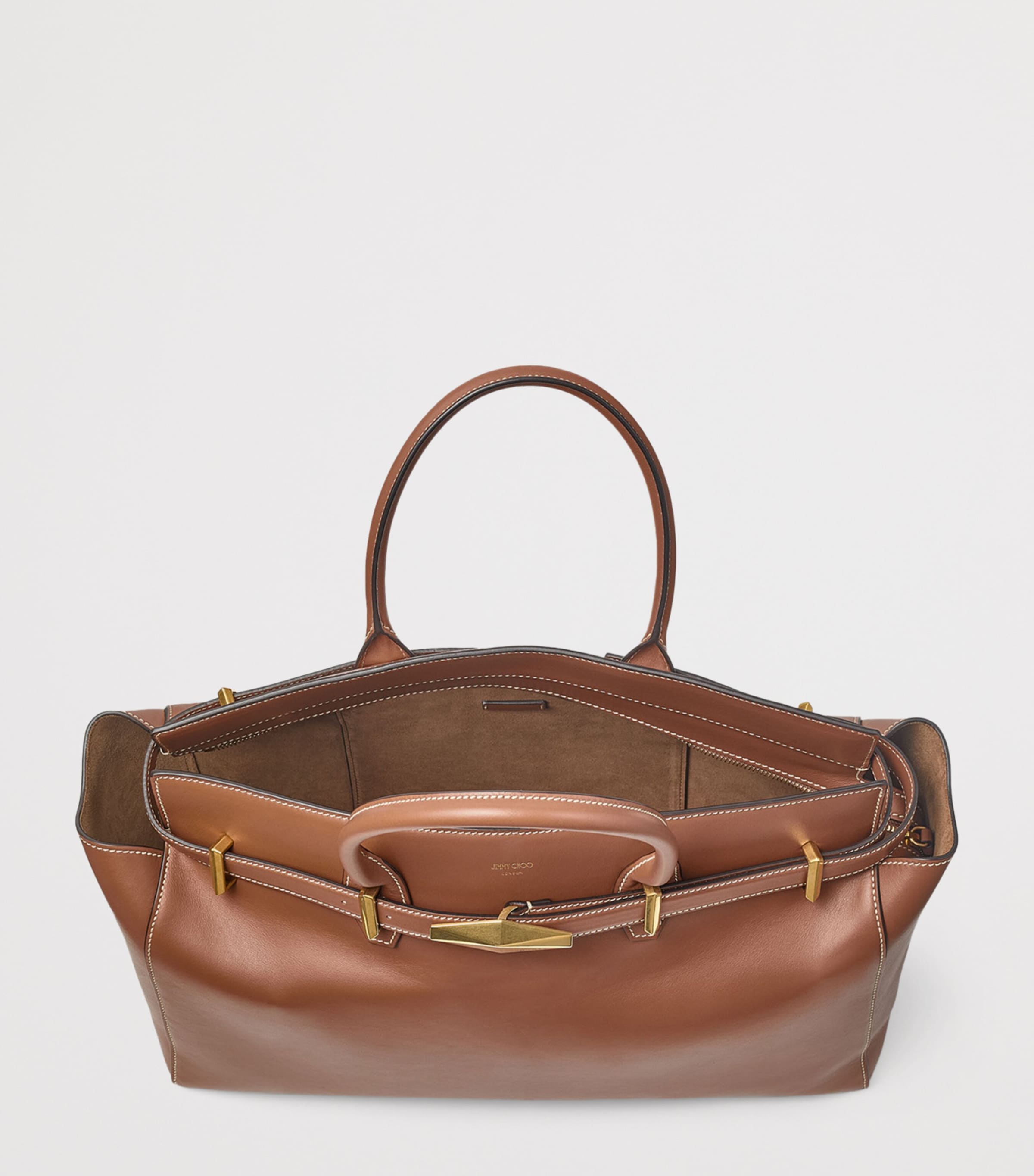 Diamond Leather Belted Top-Handle Bag TAN/ECRU/GOLD Image 5