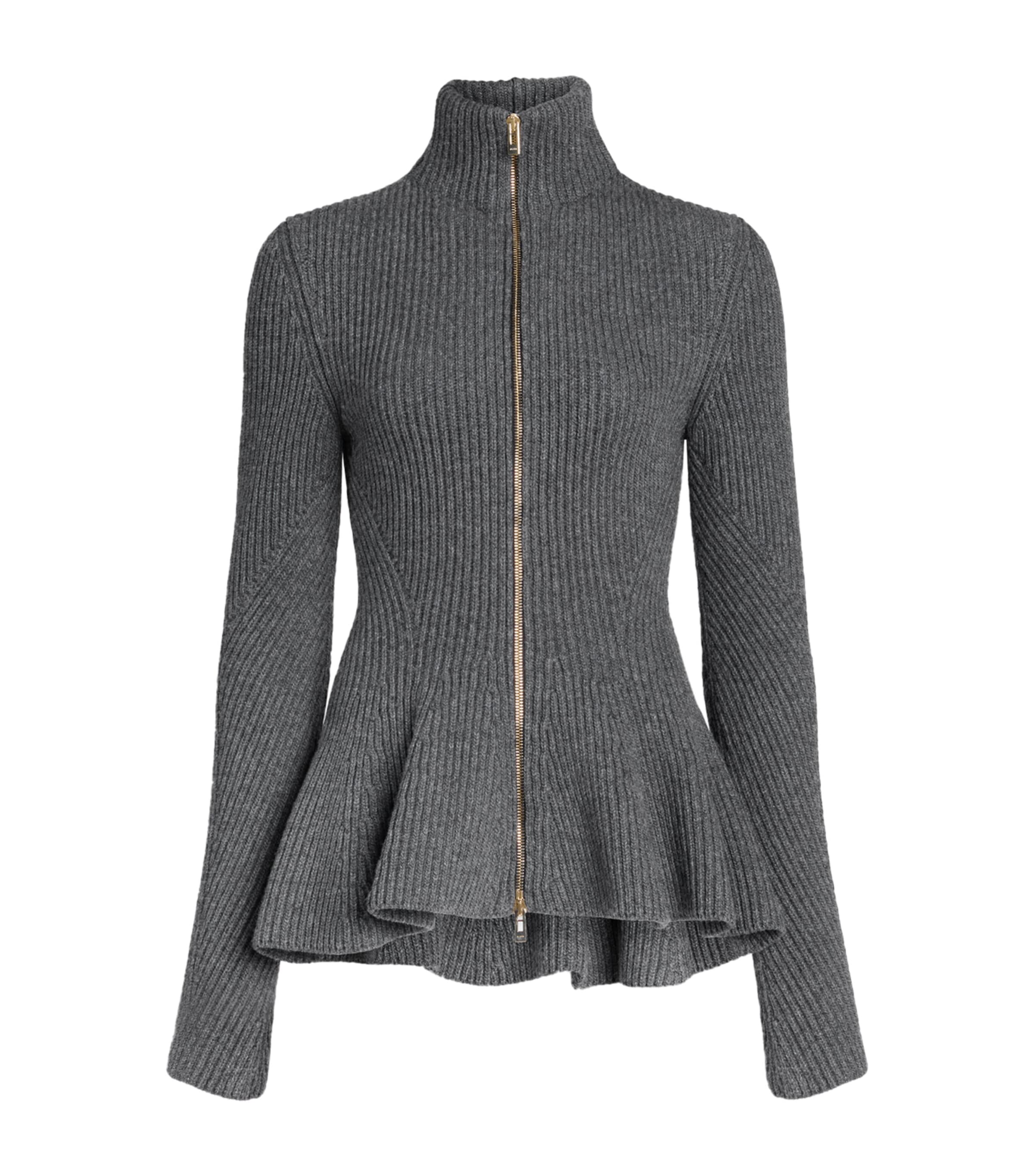 Alaïa Womens Wool-Cashmere Peplum Cardigan Gris Fonce Image 1
