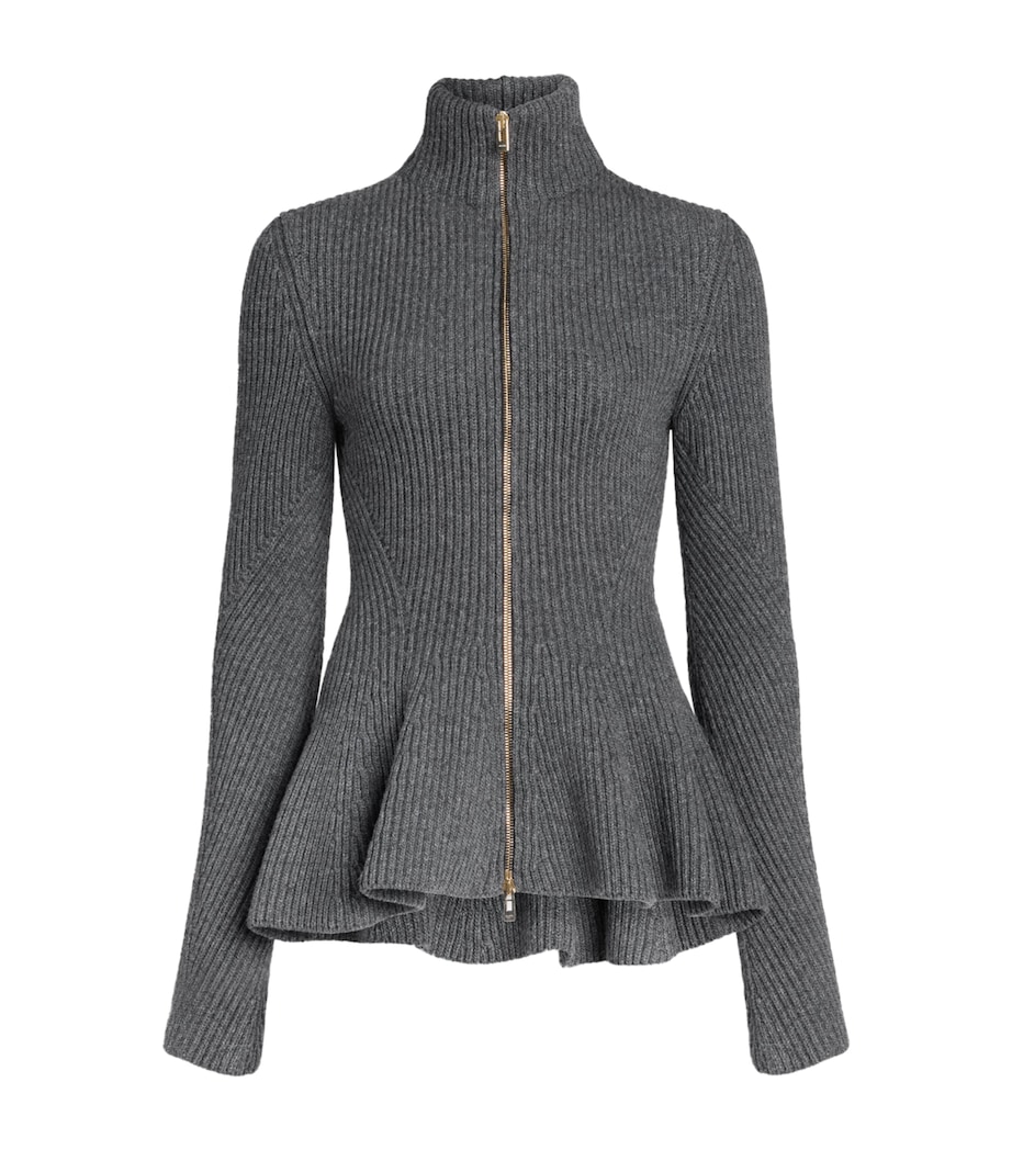 Alaïa Womens Wool-Cashmere Peplum Cardigan Gris Fonce Image 1