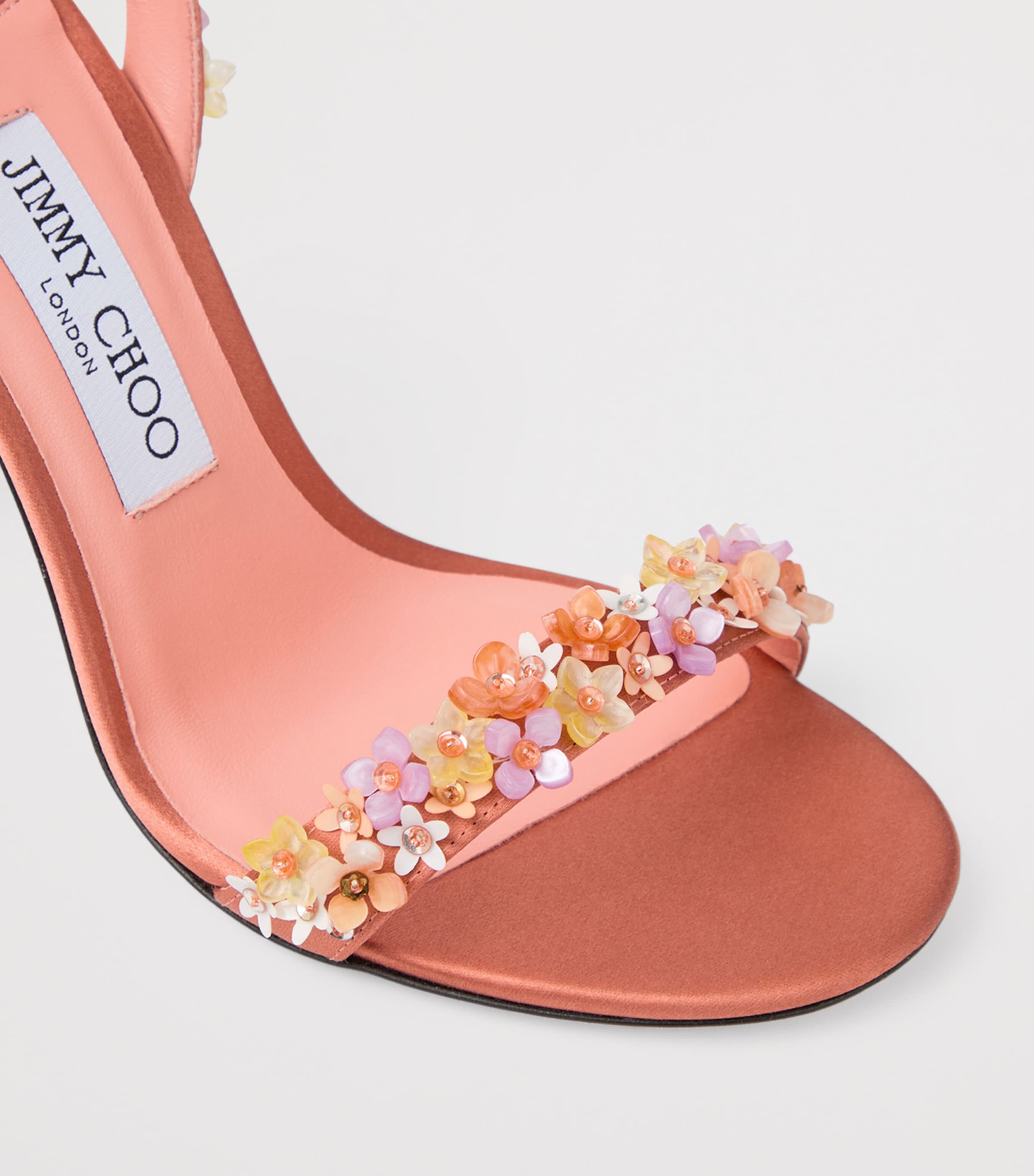 Jimmy Choo Jenn 100 Floral-Embellished Satin Heeled Sandals Grapefruit/multi Image 6