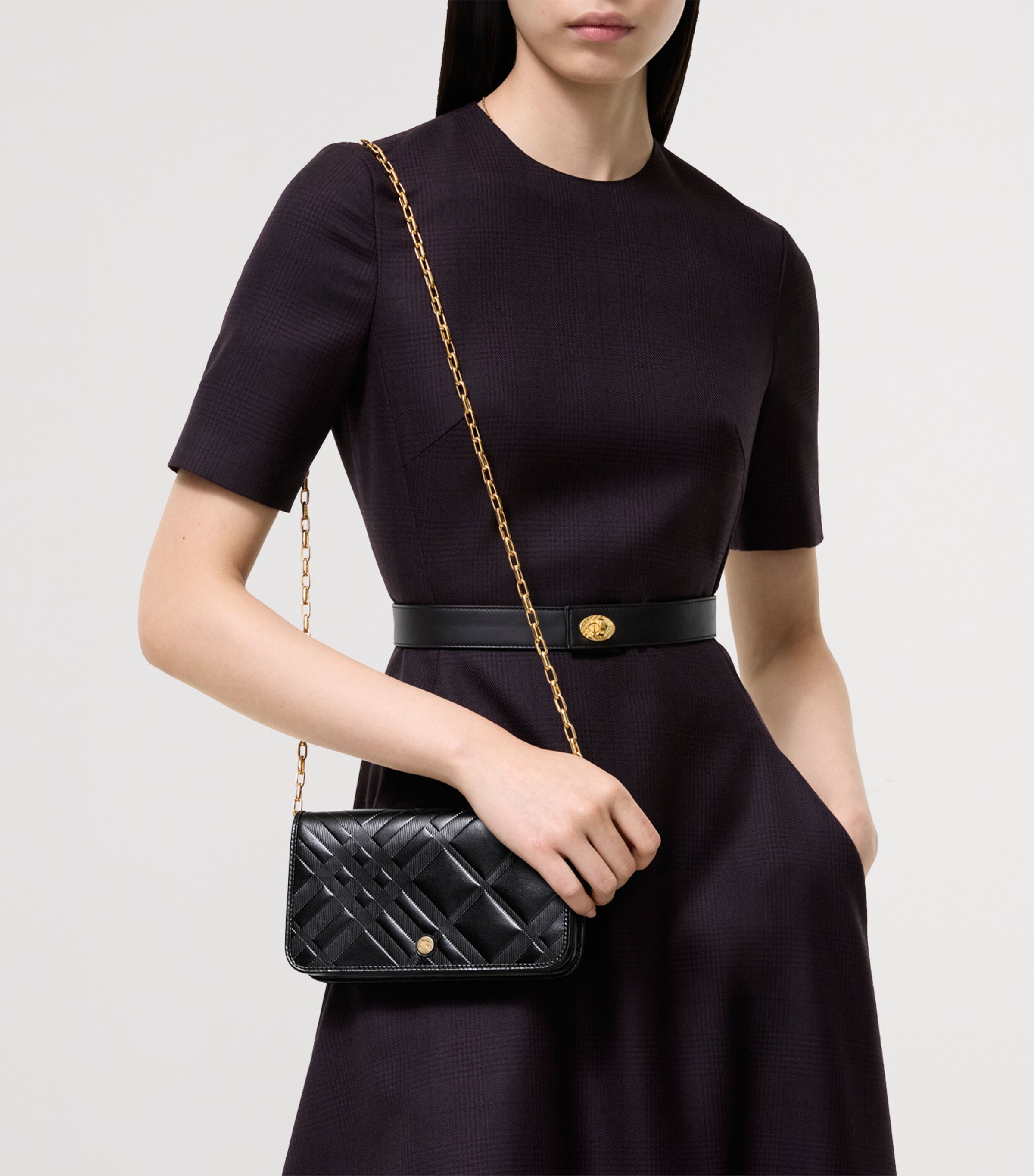Burberry Check-Embossed Leather Chain Strap Wallet Black Image 2