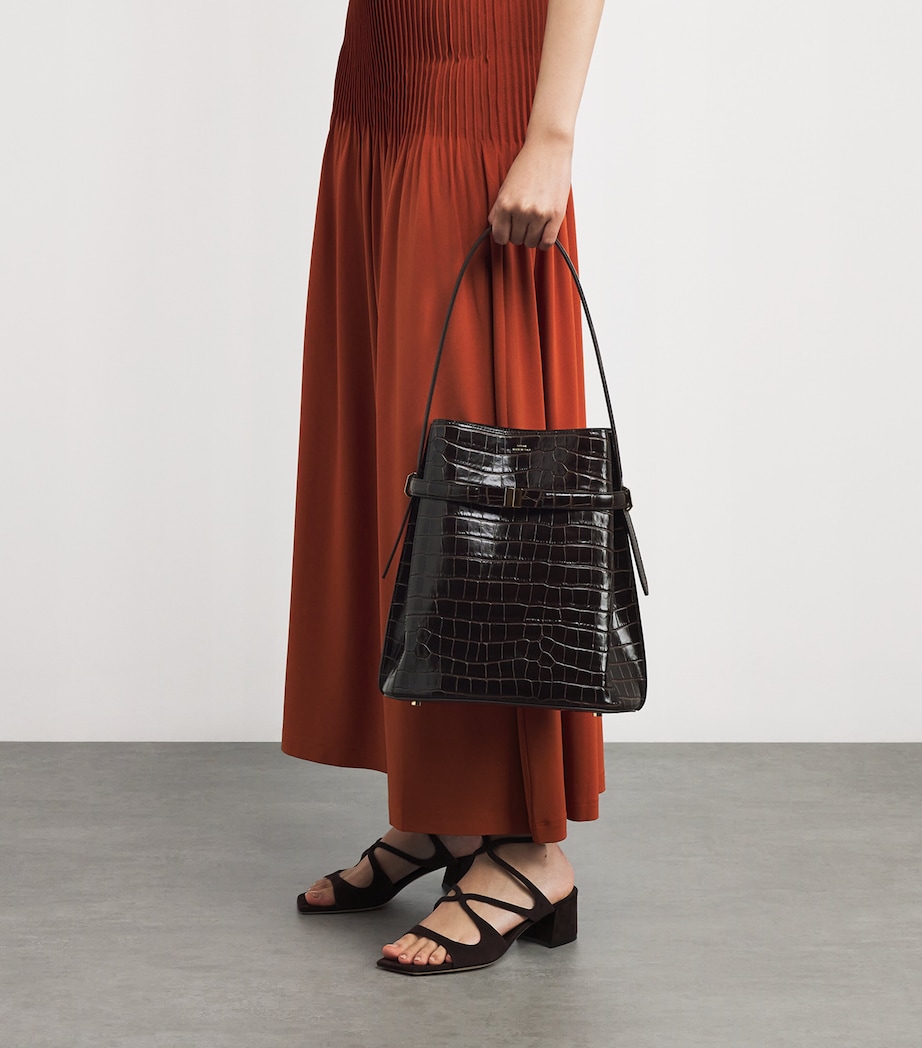Leather Croc-Embossed Bucket Shoulder Bag 034 DARK BROWN Image 5
