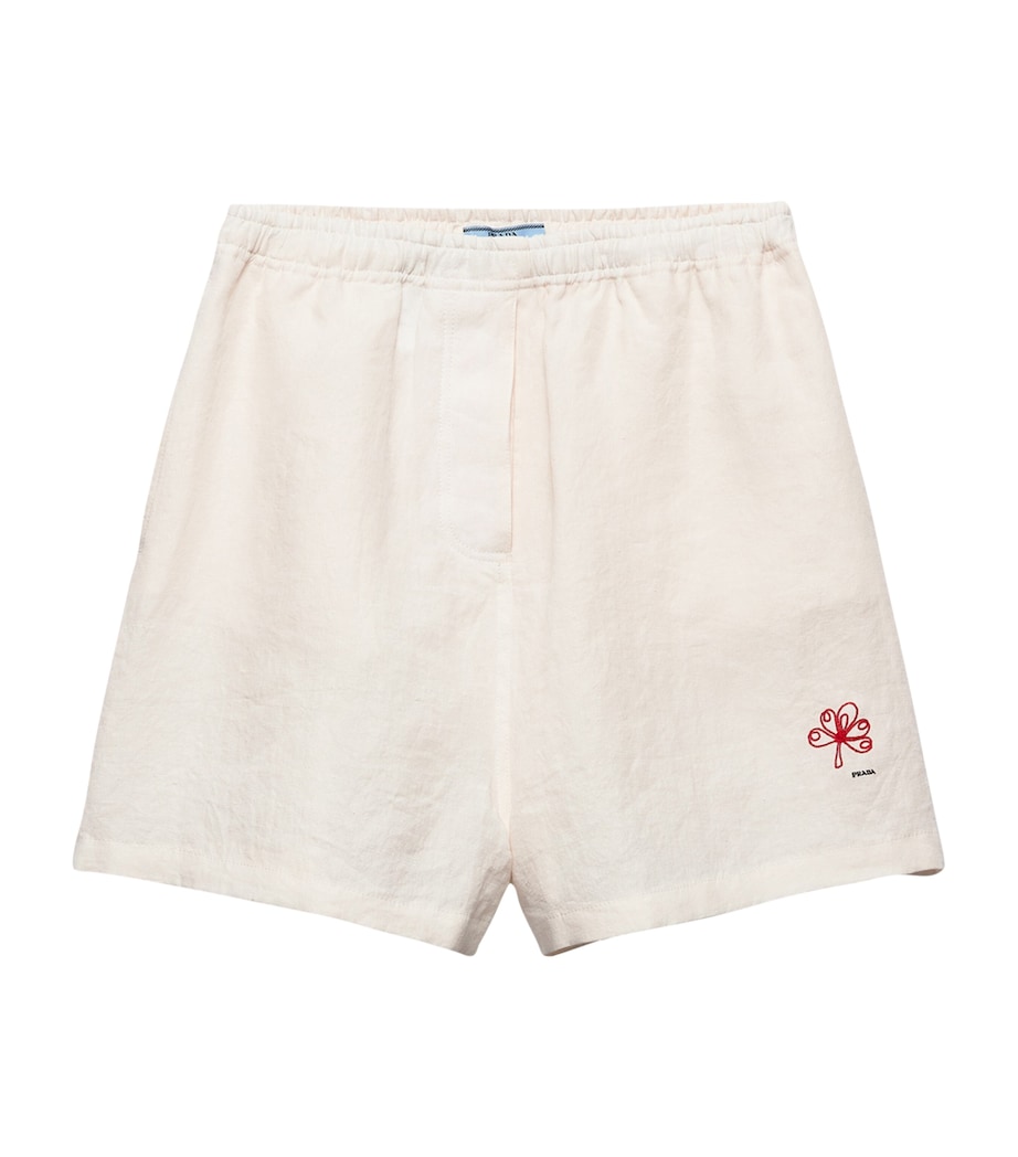 Prada Womens Slubbed Linen Embroidered Shorts White Image 1