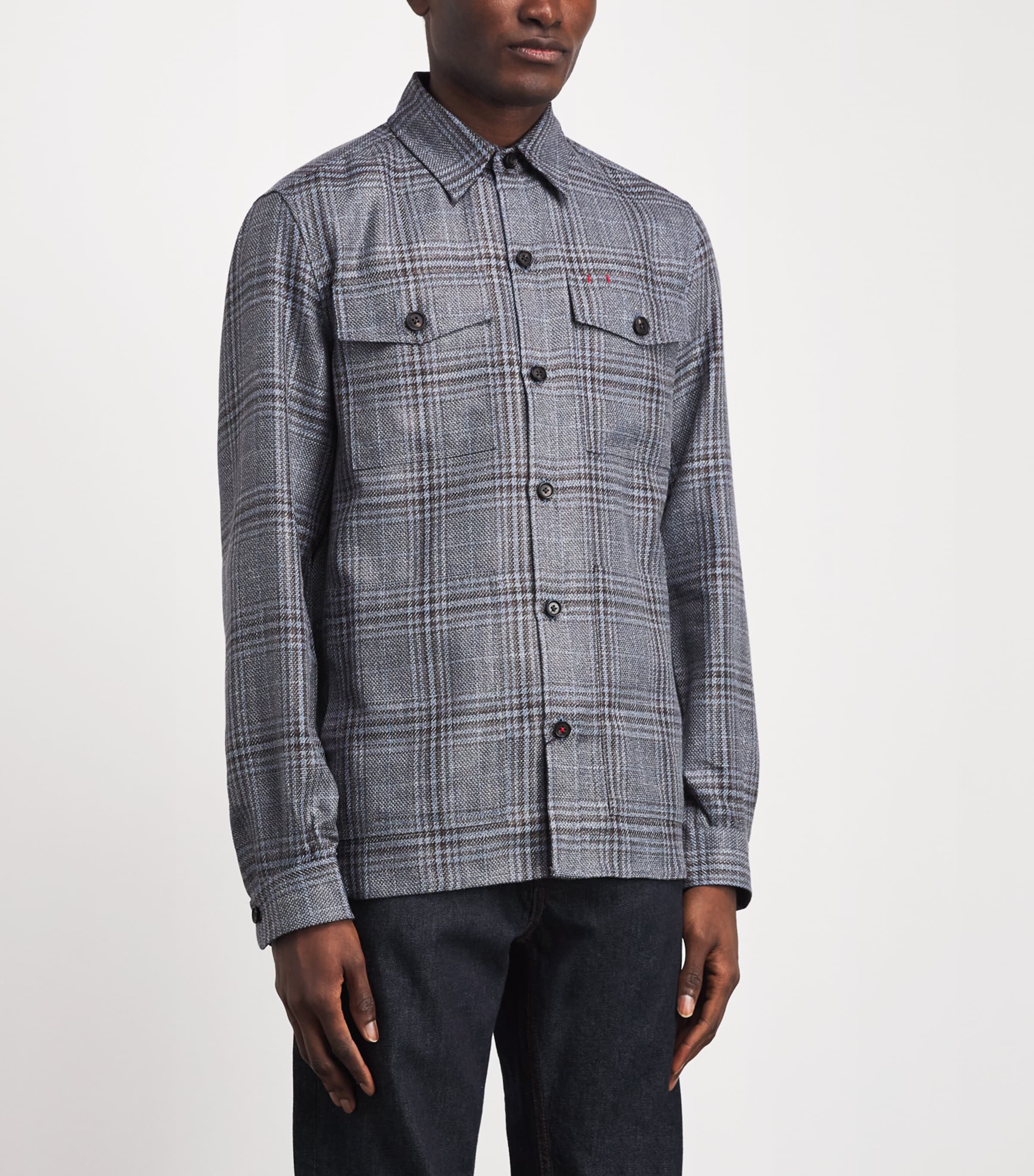 Isaia Mens Wool-Silk-Linen Check Overshirt Image 4