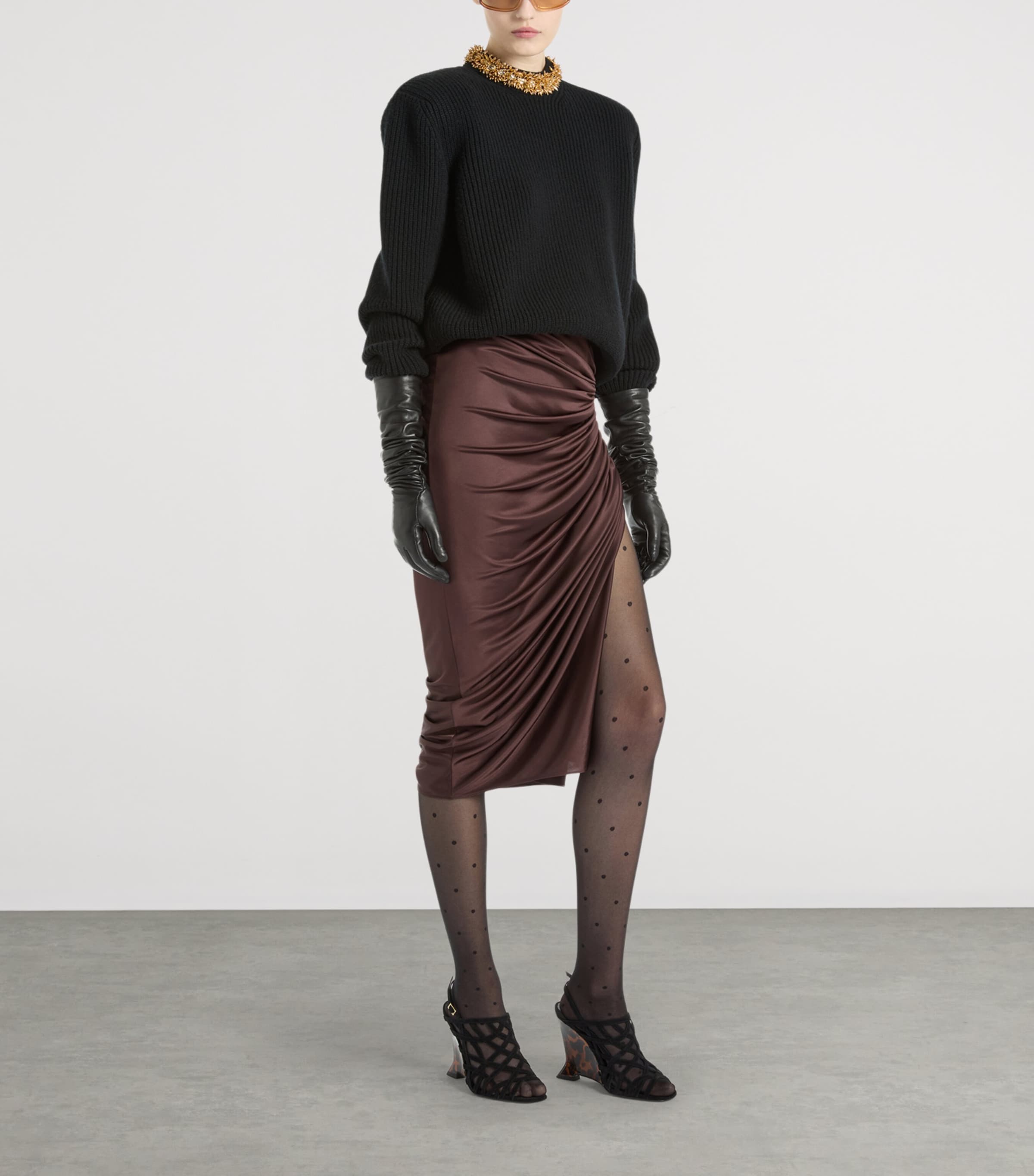 Balmain Womens Jersey Ruched Midi Skirt Brown Marron Image 2